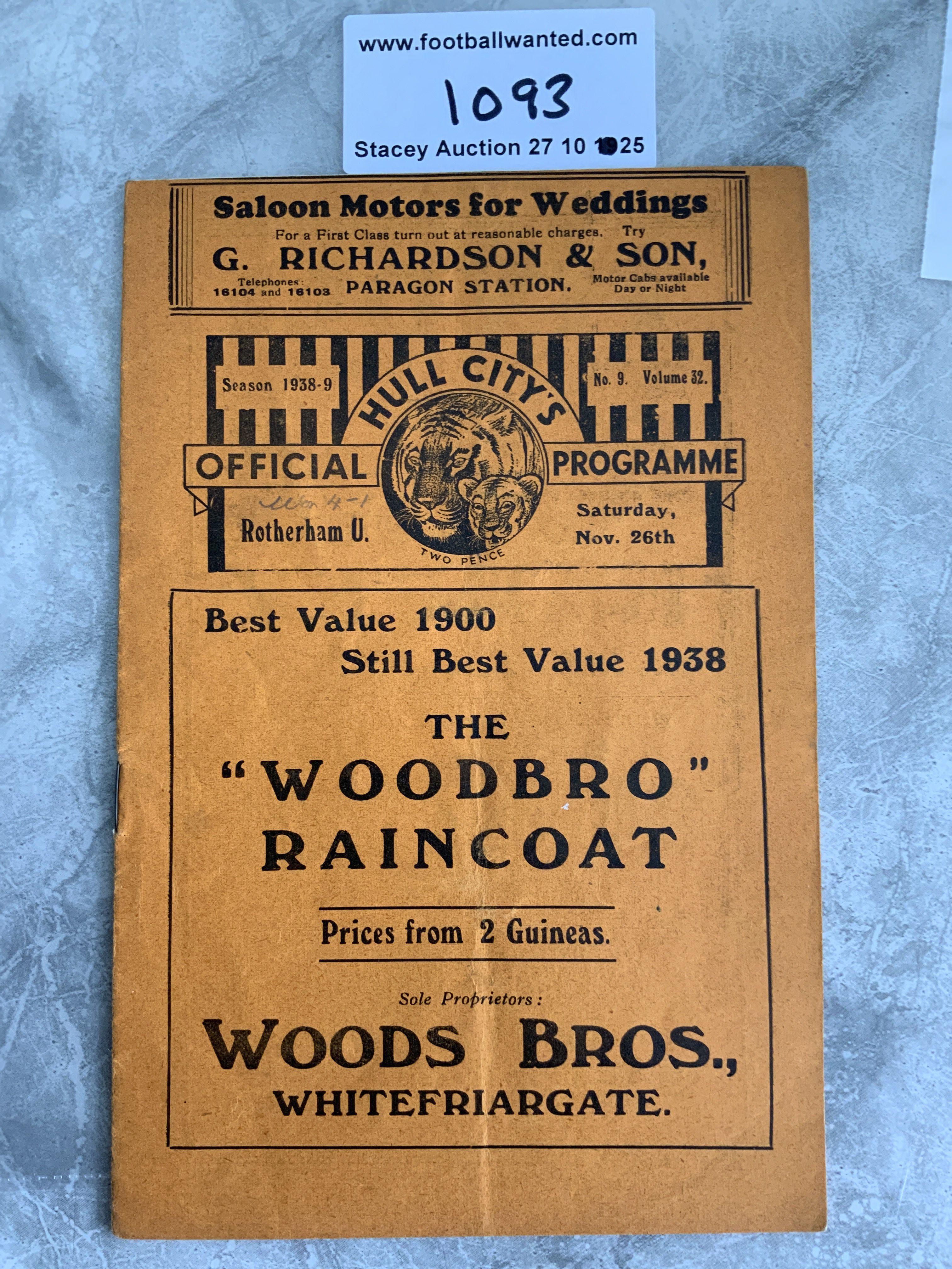 1938 - 1939 Hull City v Rotherham Football Programme: Excellent condition first team programme with one pencilled team change and score. C/W match report cutting.