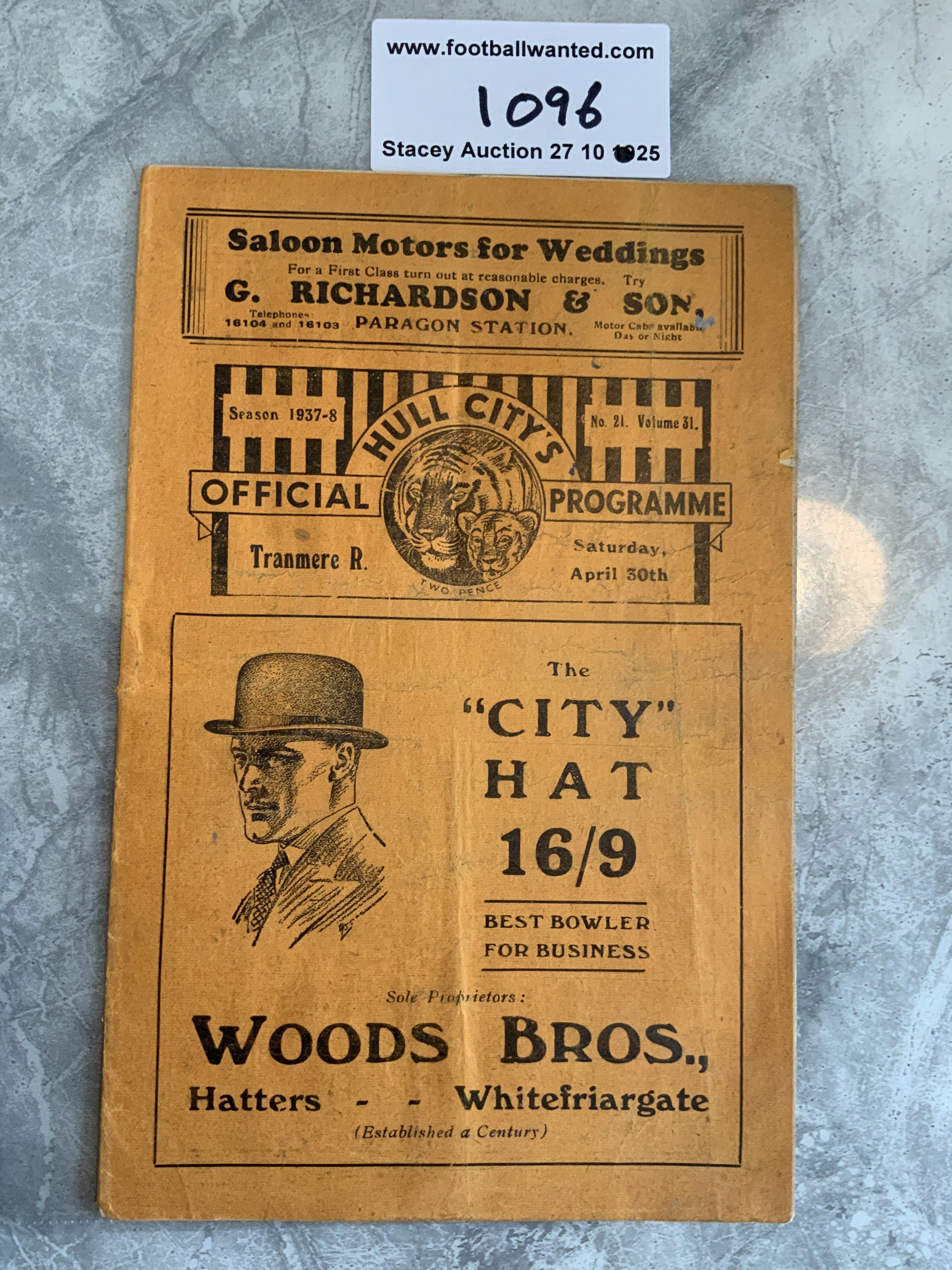 37/38 Hull City v Tranmere Rovers Football Programme: Excellent condition first team programme with no team changes.