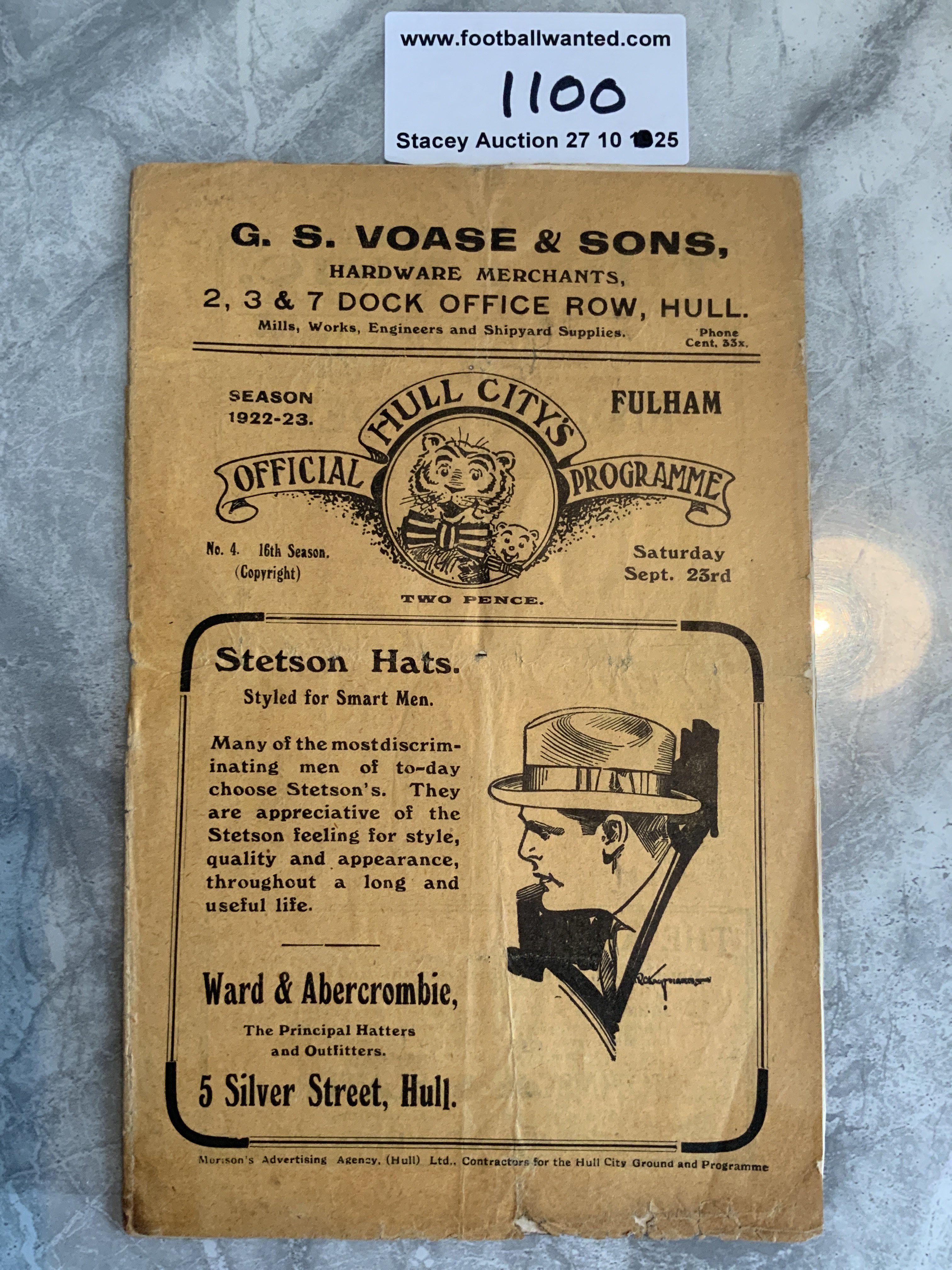 1922 - 1923 Hull City v Fulham Football Programme: Good condition first team programme with no team changes. Slight wear.