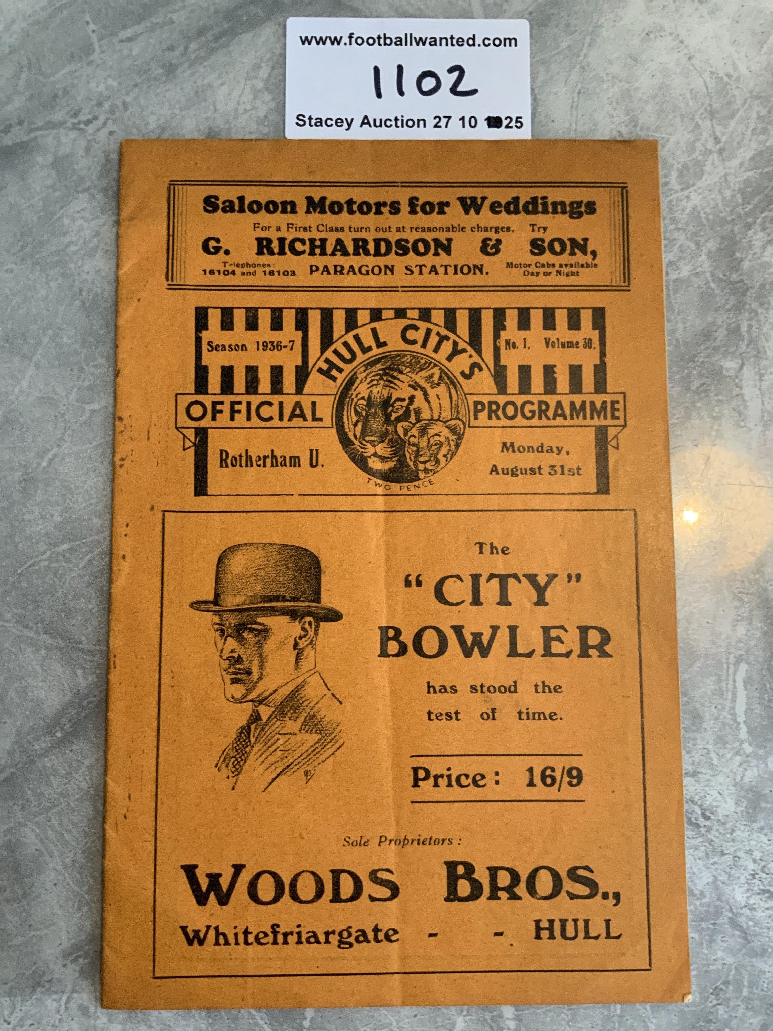 36/37 Hull City v Rotherham Football Programme: Excellent condition division 3 programme with no team changes.
