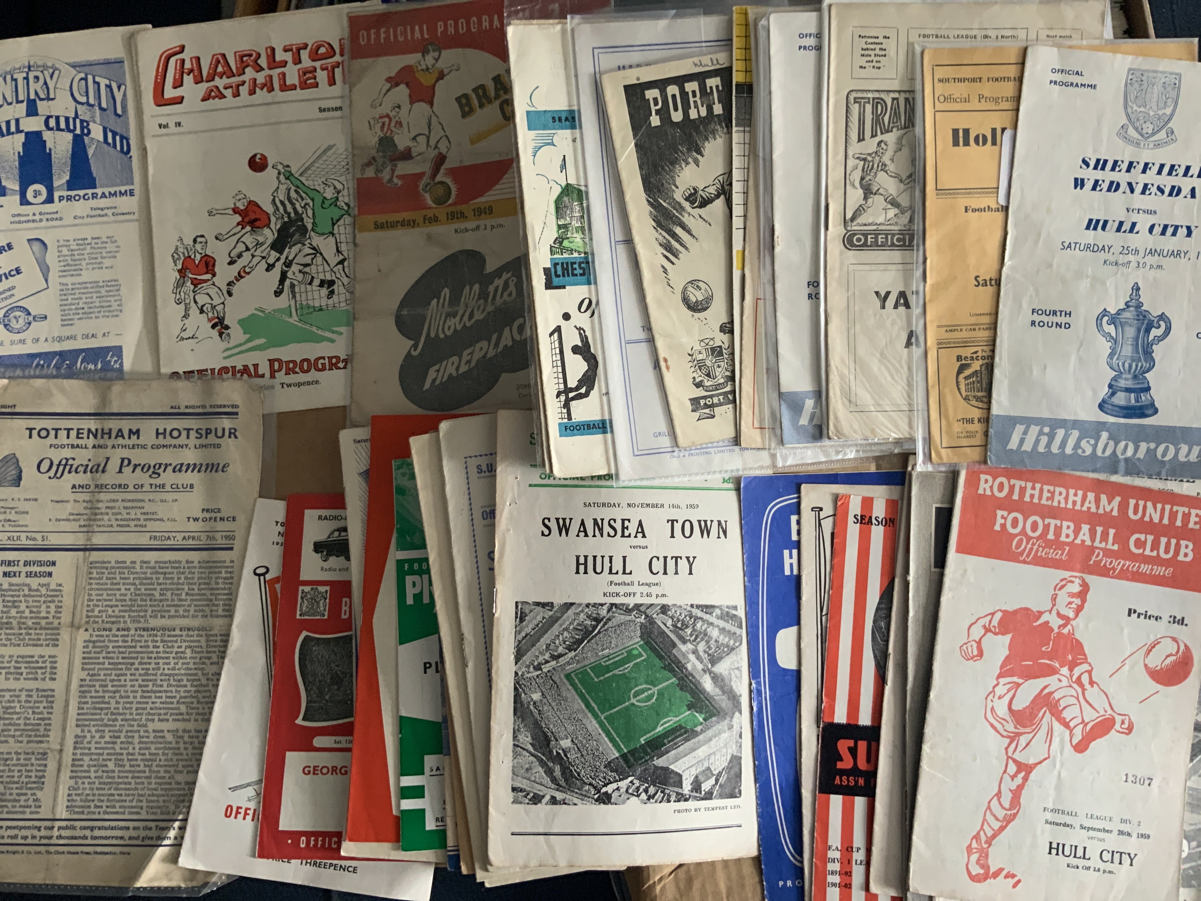 Hull City Away Football Programmes: 35/36 Charlton split spine then 55 from 56/57 to 59/60 with a few duplicates. Mixed conditions but mainly good with a couple having punch holes. (56)