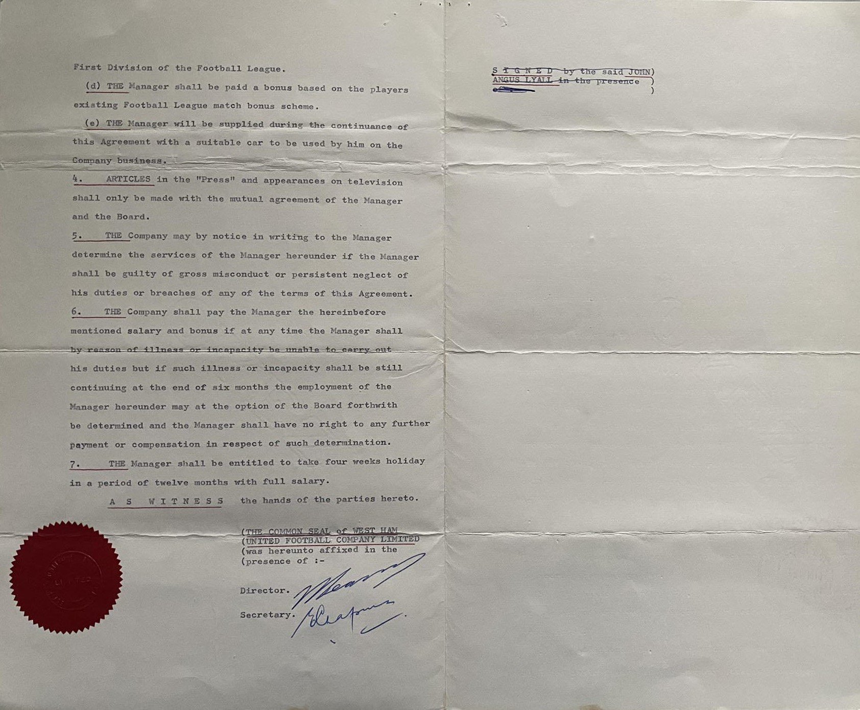 John Lyalls 1980 West Ham Football Managers Contract: Lyalls contract from the season West Ham won the FA Cup 1980 until the summer of 1985.
