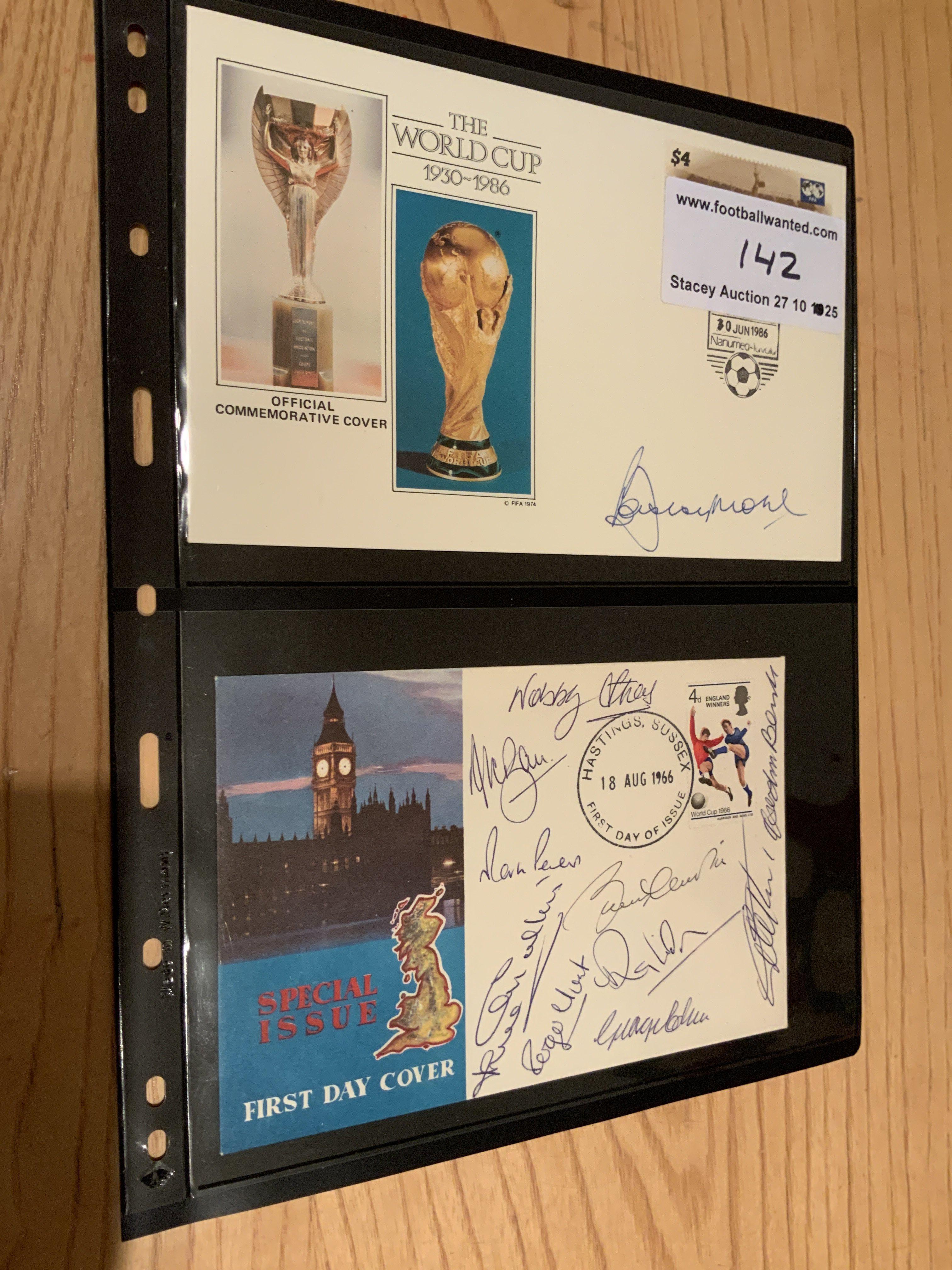England 1966 World Cup Winners Signed FDCs: First day cover by 10 players with World Cup winners stamp and 1966 postmark. Second cover which was from the famous 1986 World Cup series is signed by Bobby Moore to complete the 11 winning players. (2)