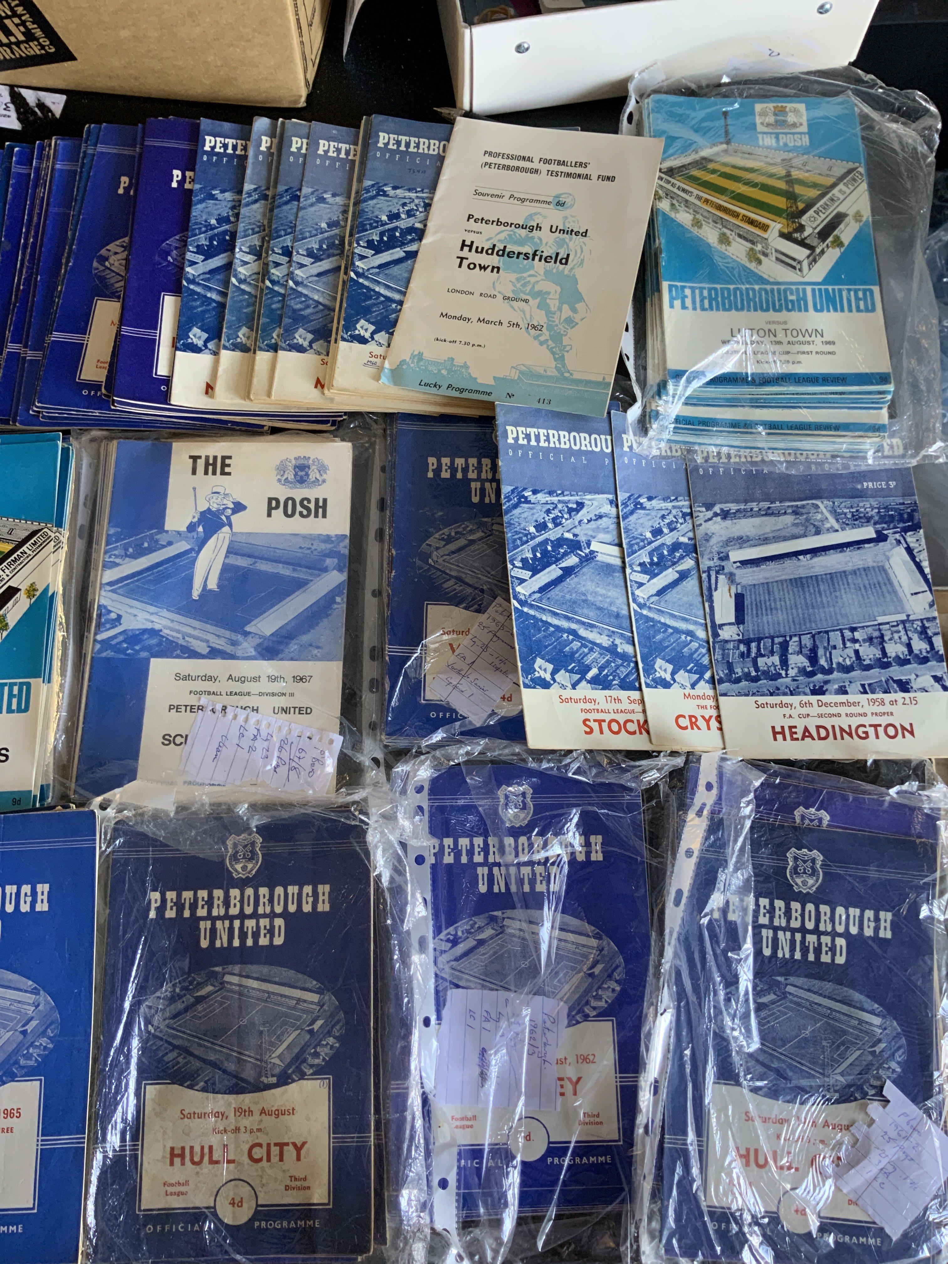 Peterborough United Home Football Programmes: 3 from the late 50s and approximately 290 from the 60s. Season sets from 61/62 62/63 63/64 67/68 69/70 are near complete. Instructions to sell. Very good. (est 300)