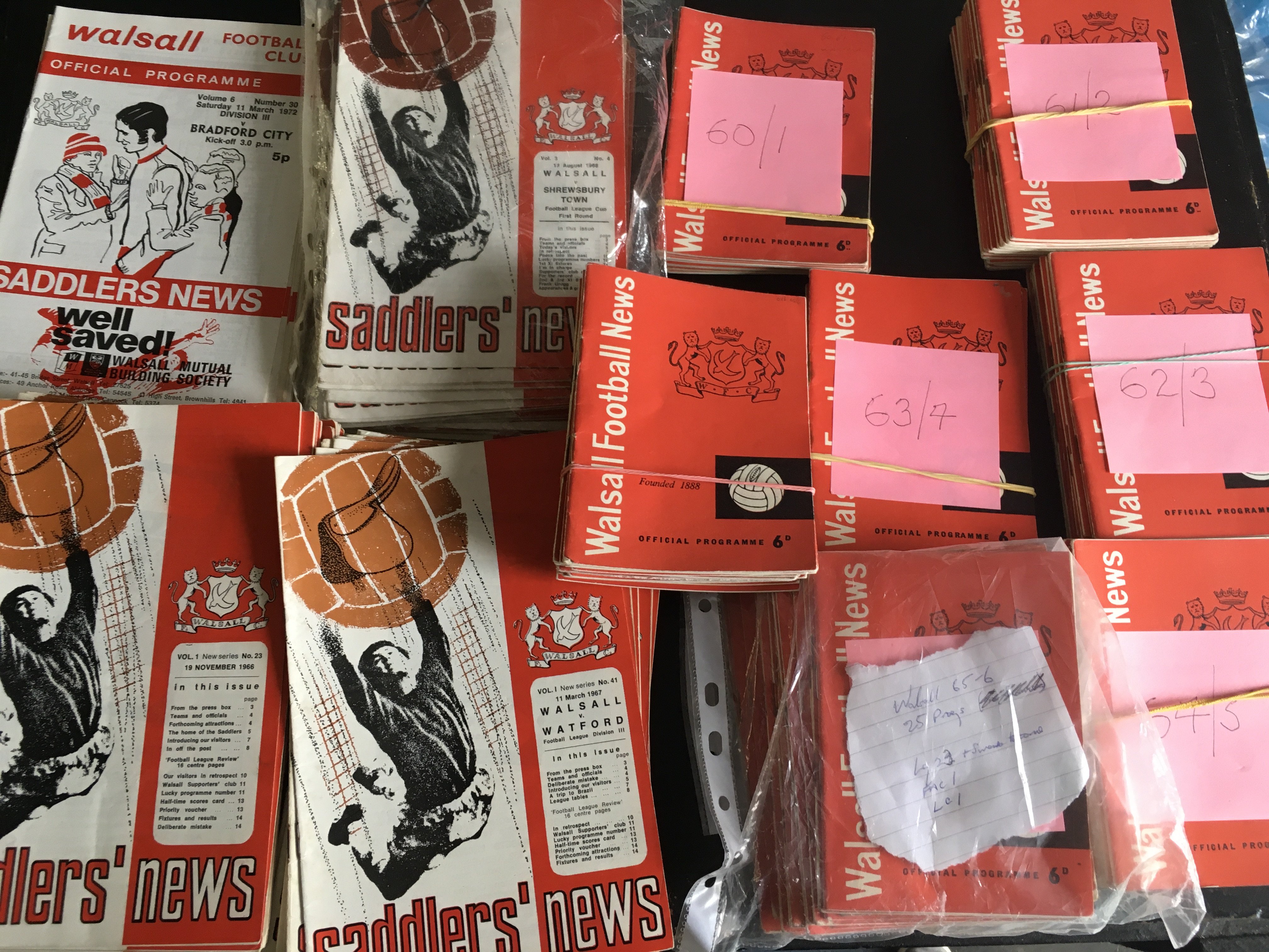 Walsall Home Football Programmes: 18 up to 59/60, 11 x 60/61, 15 x 61/62, 14 x 62/63, 8 x 63/64, 14 x 64/65 and the rest go up to the early 70s. Includes probable complete sets from 65/66 and 68/69. Instructions to sell. Very good. (est 240)
