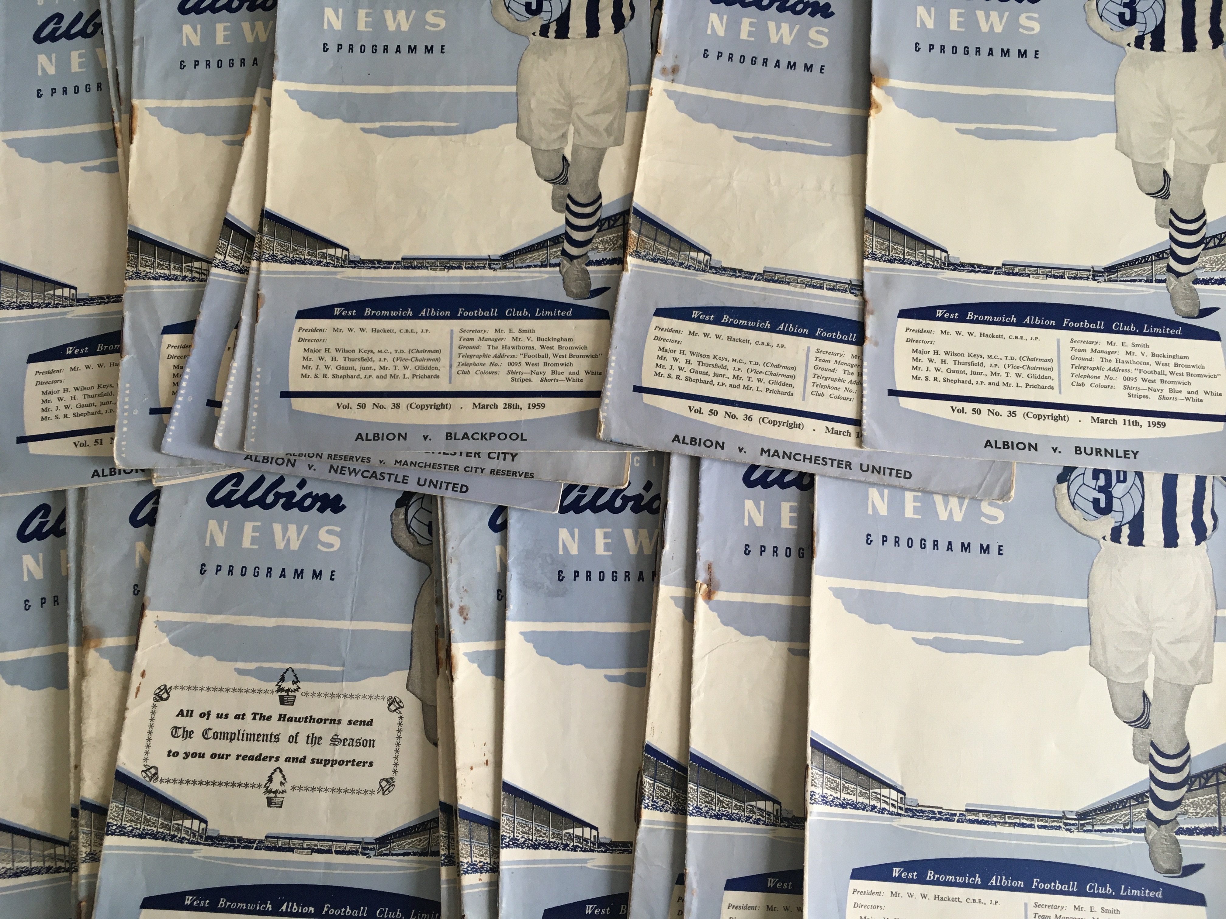 West Brom Home Football Programmes: 26 from the 50s and approximately 200 from the 60s. 62/63 is only lacking Orient and 65/66 is near complete although lacking League Cup Final but includes semi final. Instructions to sell. Very good. (est 200+)