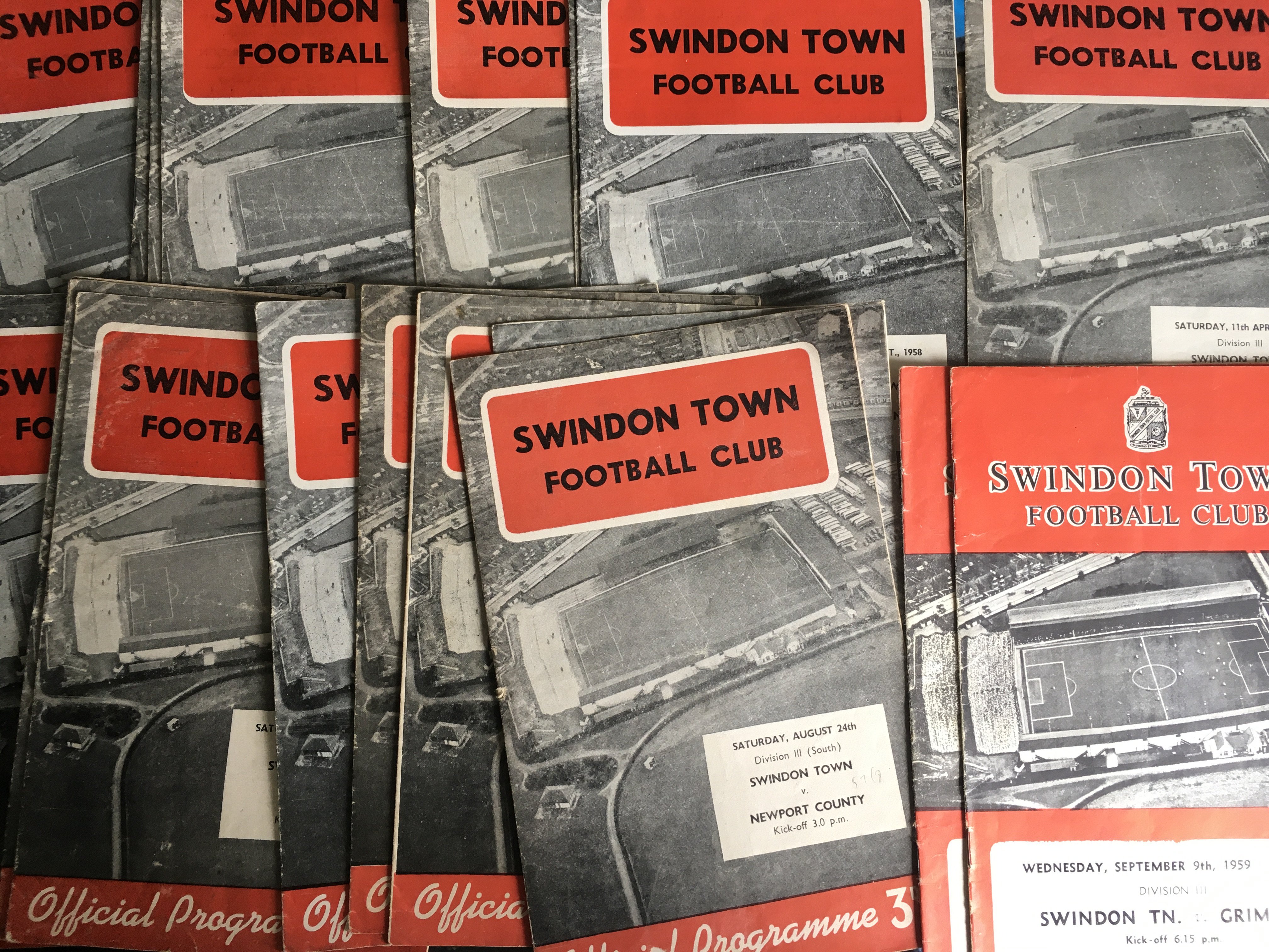 Swindon Town Home Football Programmes: 18 from the late 50s and approximately 300+ from the 60s. Possible complete sets for 60/61/61/62 62/63 64/64 65/66 66/67. Instructions to sell. Very good. (est 320+)