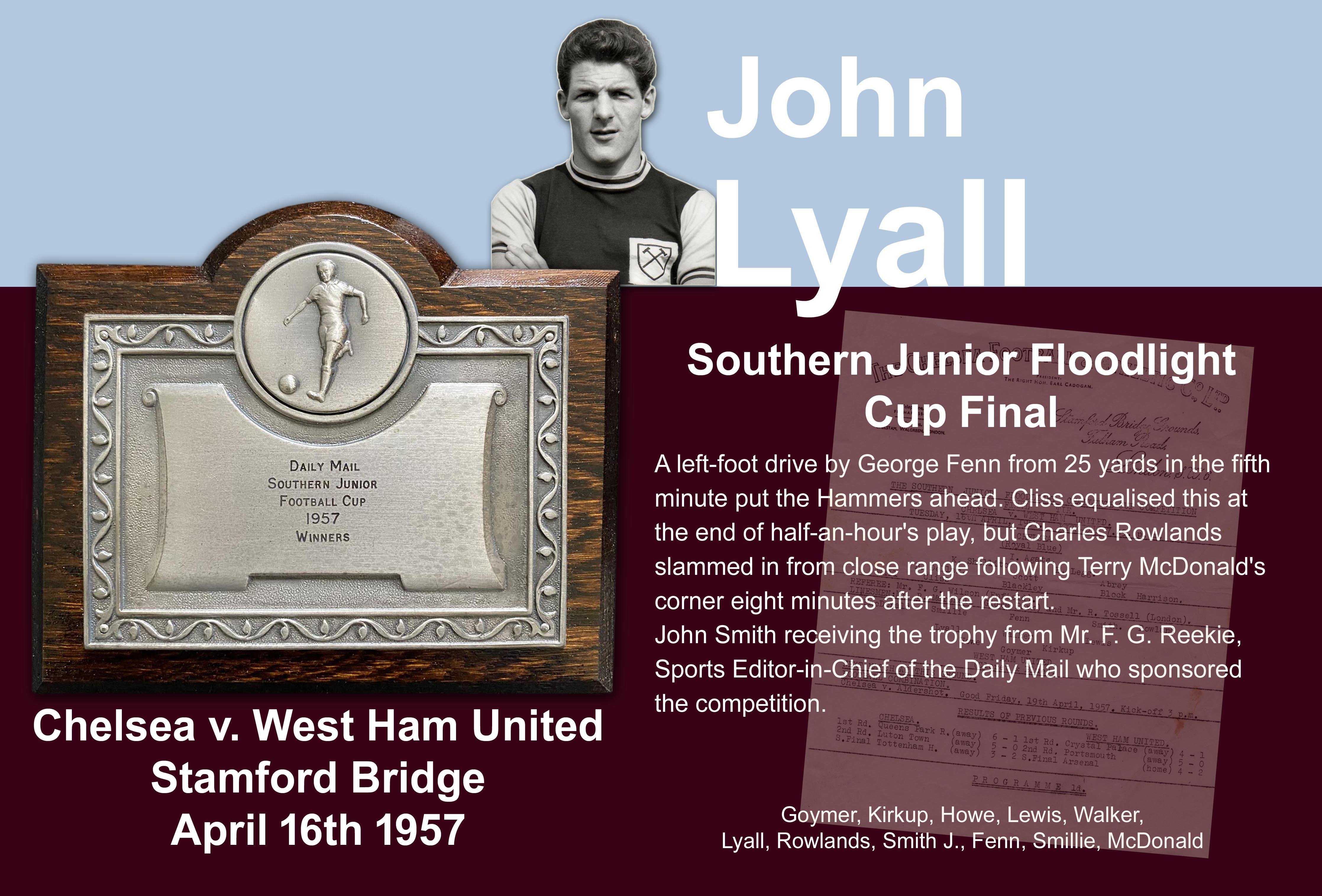 1957 John Lyalls West Ham Southern Junior Cup Final Plaque: In original box with wooden plaque engraved J Lyall. West Ham won the cup after defeating Chelsea at Stamford Bridge on 10 4 1957. John had played in earlier rounds and although he did not play in the final he was awarded the plaque.
