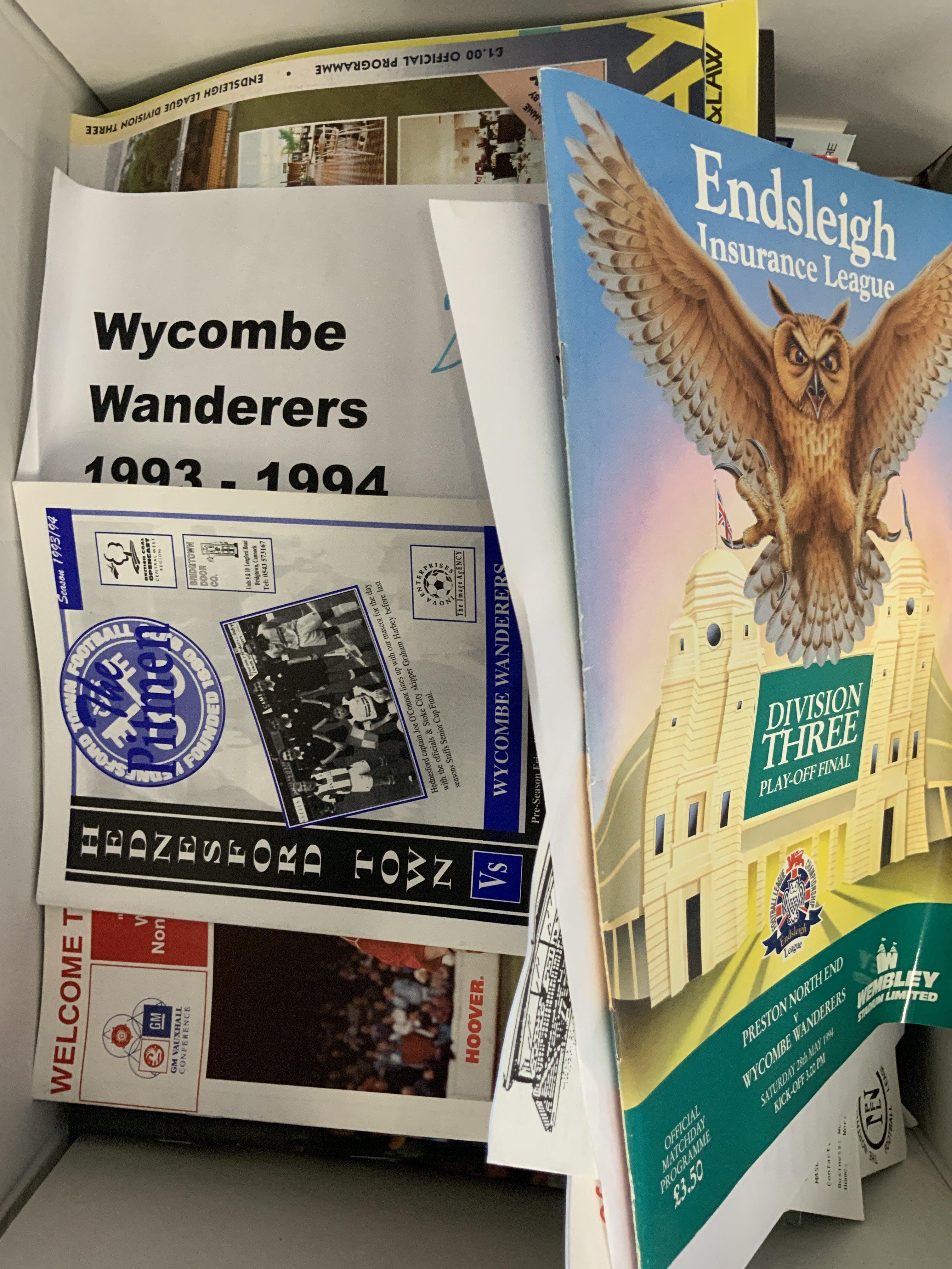 Wycombe Wanderers Football Programme CollectIon: From the 92/93 Conference League season there are 42 league 3 FA Cup, 8 Trophy and 16 reserves. From the first season in the league there are 45 league including play offs 3 FA Cup 4 League Cup, 7 Autoglass and 8 friendlies. Instructions to sell.