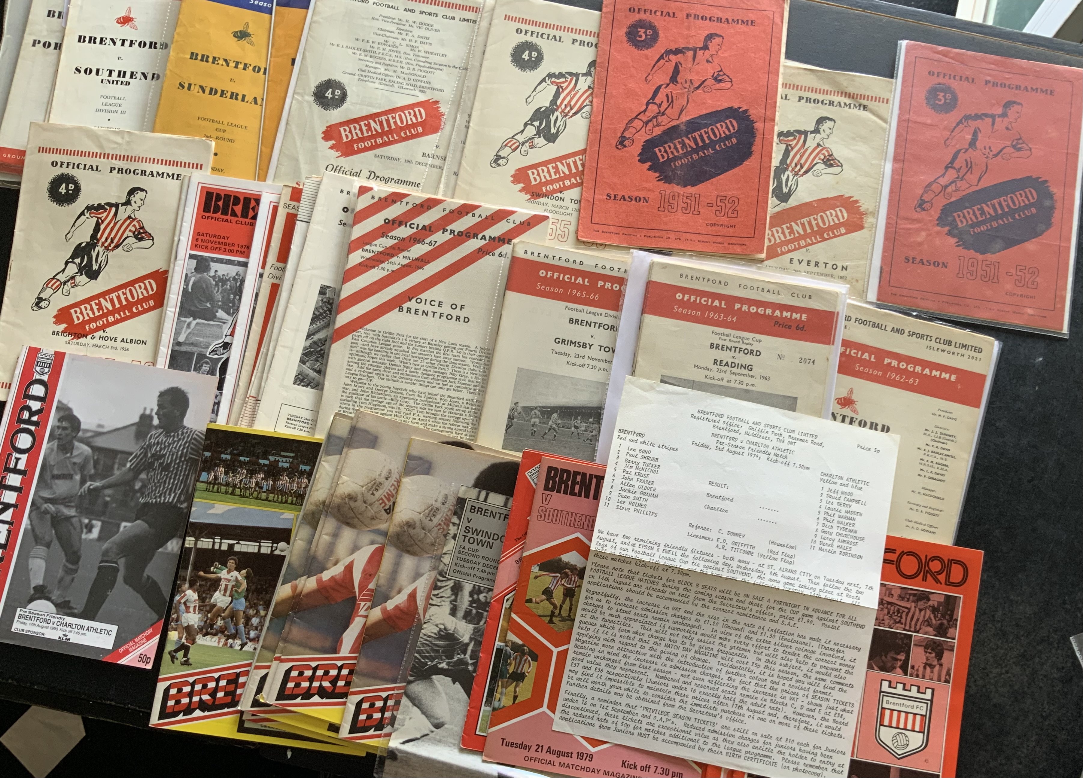 Brentford + Brighton Football Programme Collection: Brentford collection covering 1944/5 v Tottenham, 12 x 1950s, 45 x 1960s and 53 x 1970s onwards. Includes 1952/3 Everton, 1955/6 Notts Co Friendly, the post 1970s contain a lot of special issues; Minor Cup, Friendly and Testimonial etc. Condition is mainly good with no duplication. Brighton collection covering 13 x 1950s, 18 x 1960s. Includes 1954/5 Brentford and Leyton Orient, 1960 versus Djurgarden Friendly. Mainly good with no duplication (149)