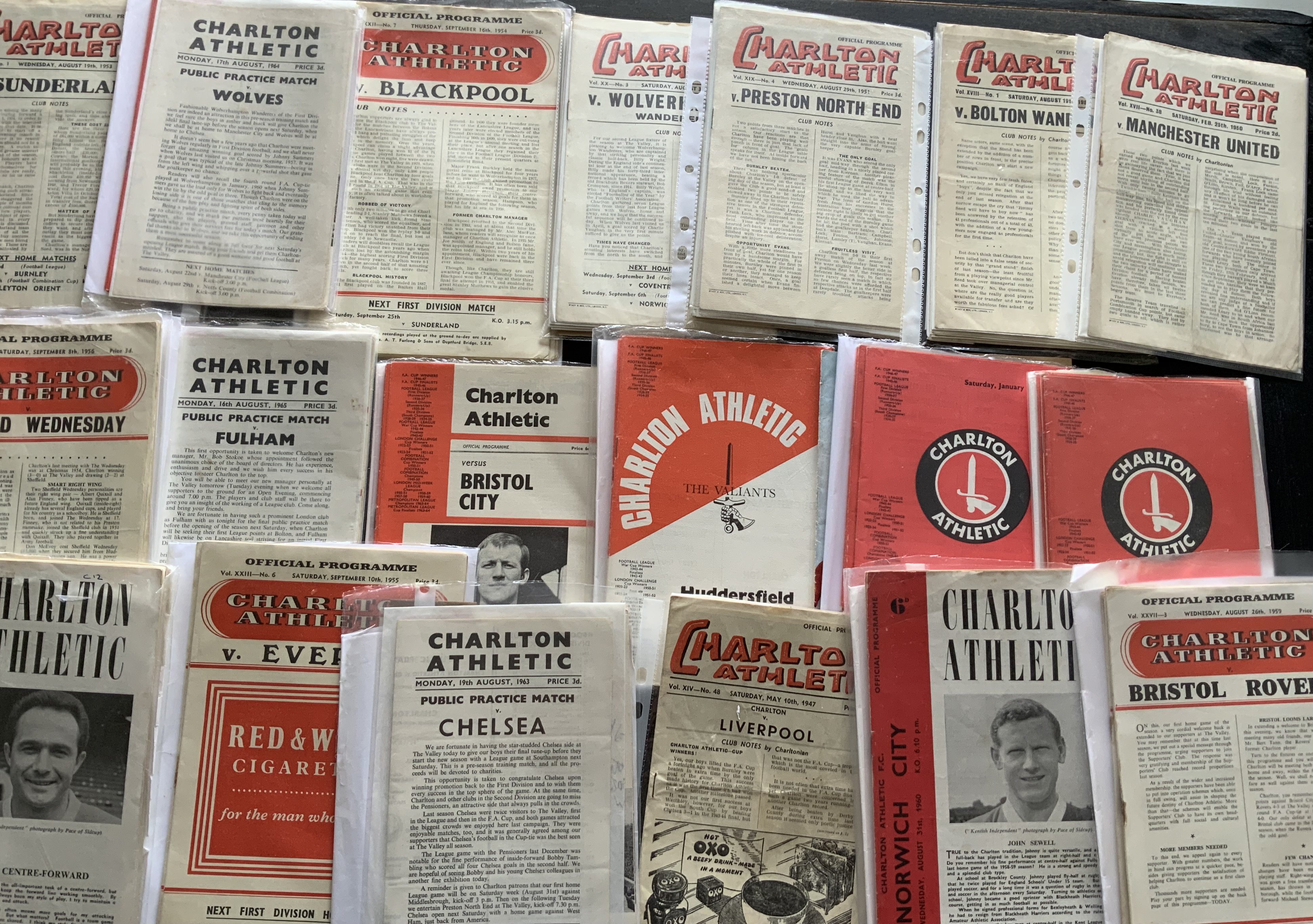 Charlton Football Programme Collection: Large collection to include 4 x 1940s, 96 x 1950s 47 x 1950-1955 plus 49 x 1955-1960, 77 x 1960s. Includes 46/47 Liverpool + Middlesbrough. Mainly good with no major faults or duplication. (184)