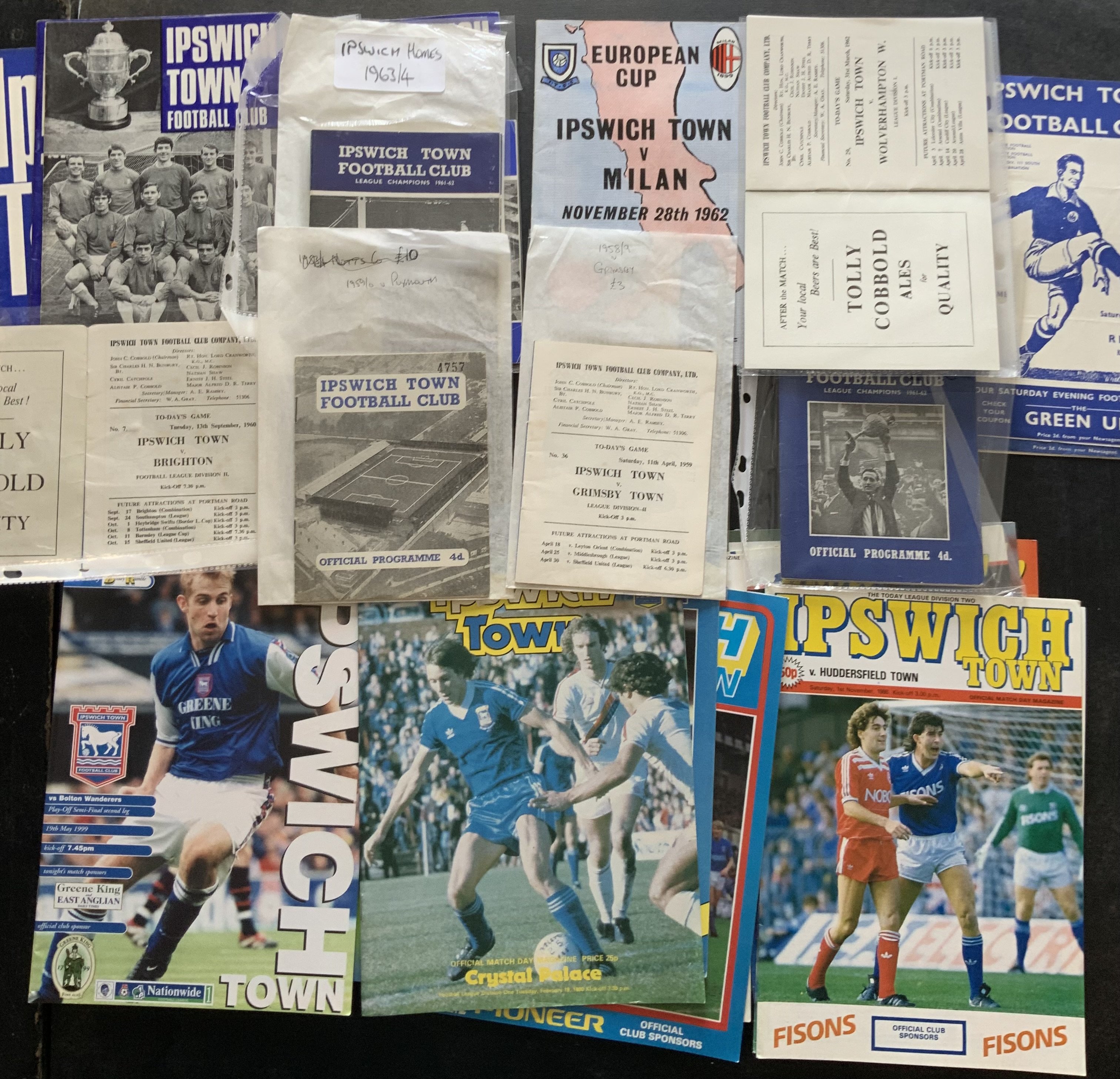 Huddersfield Town Hull City + Ipswich Town Football Programmes: Huddersfield has 44/45 Derby (March), 24 x 1950s, 35 x 1960s and includes Arsenal 53/54 + 54/55, Peterborough FAC 56/57 and Kilmarnock 66/67 friendly. Good with no duplication. Hull and Ipswich collections cover 12 x 1950s, 28 x 1960s and 46 x 1970s onwards. Includes 50/51 Hull v QPR, 61/62 Ipswich (Champions) v Wolves, 1962/3 Ipswich v AC Milan European Cup and several other European games noted. Good with no duplication. (155)