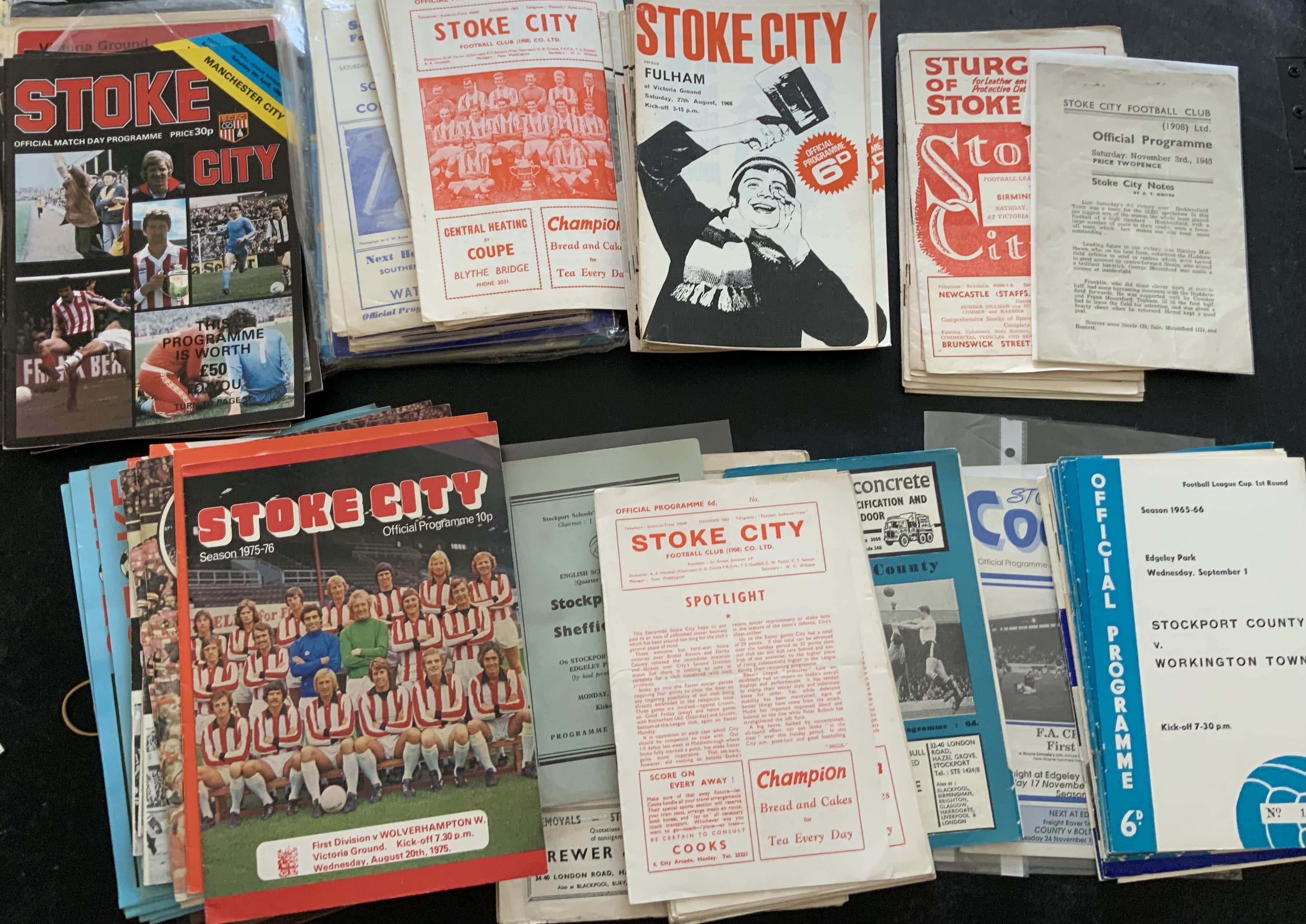 Southend Stoke + Stockport County Football Programmes: Southend collection is small but has 4 x 1950s. Stoke has 45/46 Chesterfield (November) 49/50 Birmingham, 9 x 1950s, 78 x 1960s and 53 x 1970s and includes 62/63 Charlton and several postponed. Stockport County collection includes 54/55 + 56/57 Accrington plus 59/60 Crewe, 15 x 1960s which has Crewe League Cup 4 pager. Spotted 1950s Stockport v Sheffield Boys. Good with no duplication. (201)