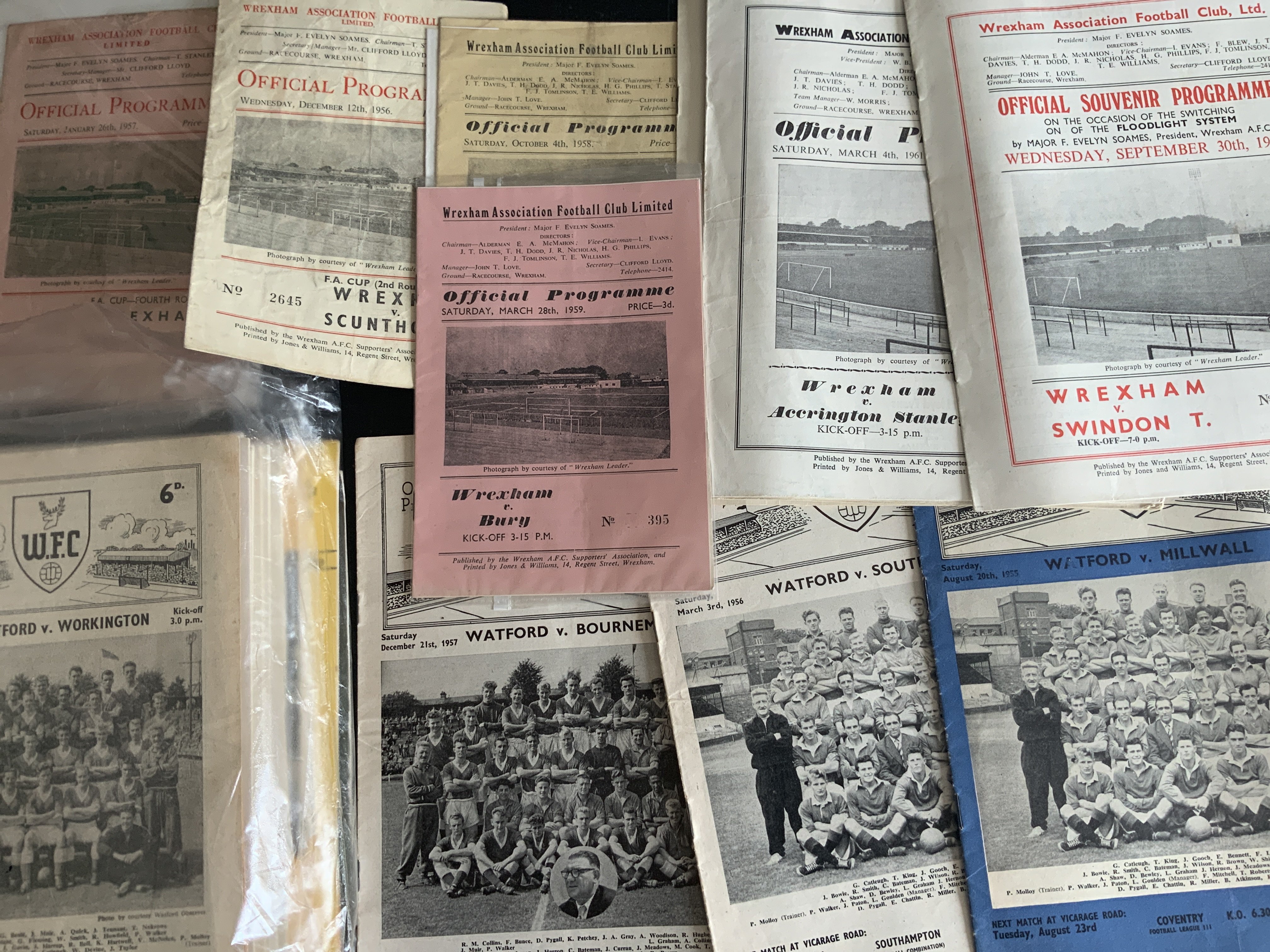Watford + Wrexham Football Programmes: Watford has 5 x 1950s, 57 x 1960s and includes 53/54 + 55/56 Millwall, 62/63 Colchester LC 4 page issue and 69/70 Lincoln LC 4 page issue. Wrexham has 5 x 1950s, 26 x 1960s and includes 57/58 Man Utd FAC, 59/60 Swindon opening of the Lights and several European Cup Winners Cup. Mainly good with no duplication. (114)