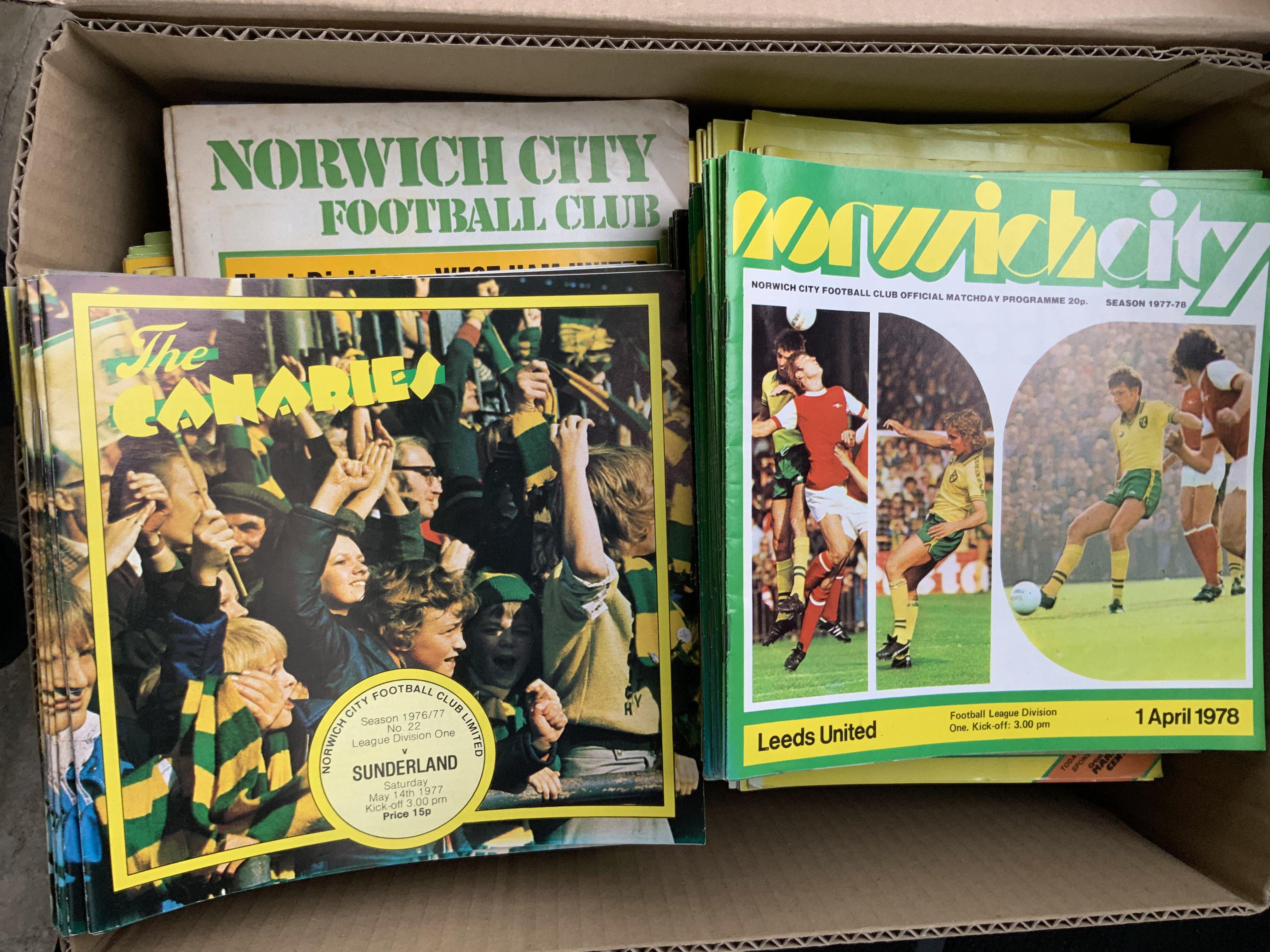 Norwich City Home Football Programmes: Excellent condition collection of 793 homes plus a few aways. Full list online of how many per season which range from 72/73 to 2018/19. 5 heavy boxes not for posting. Instructions to sell.