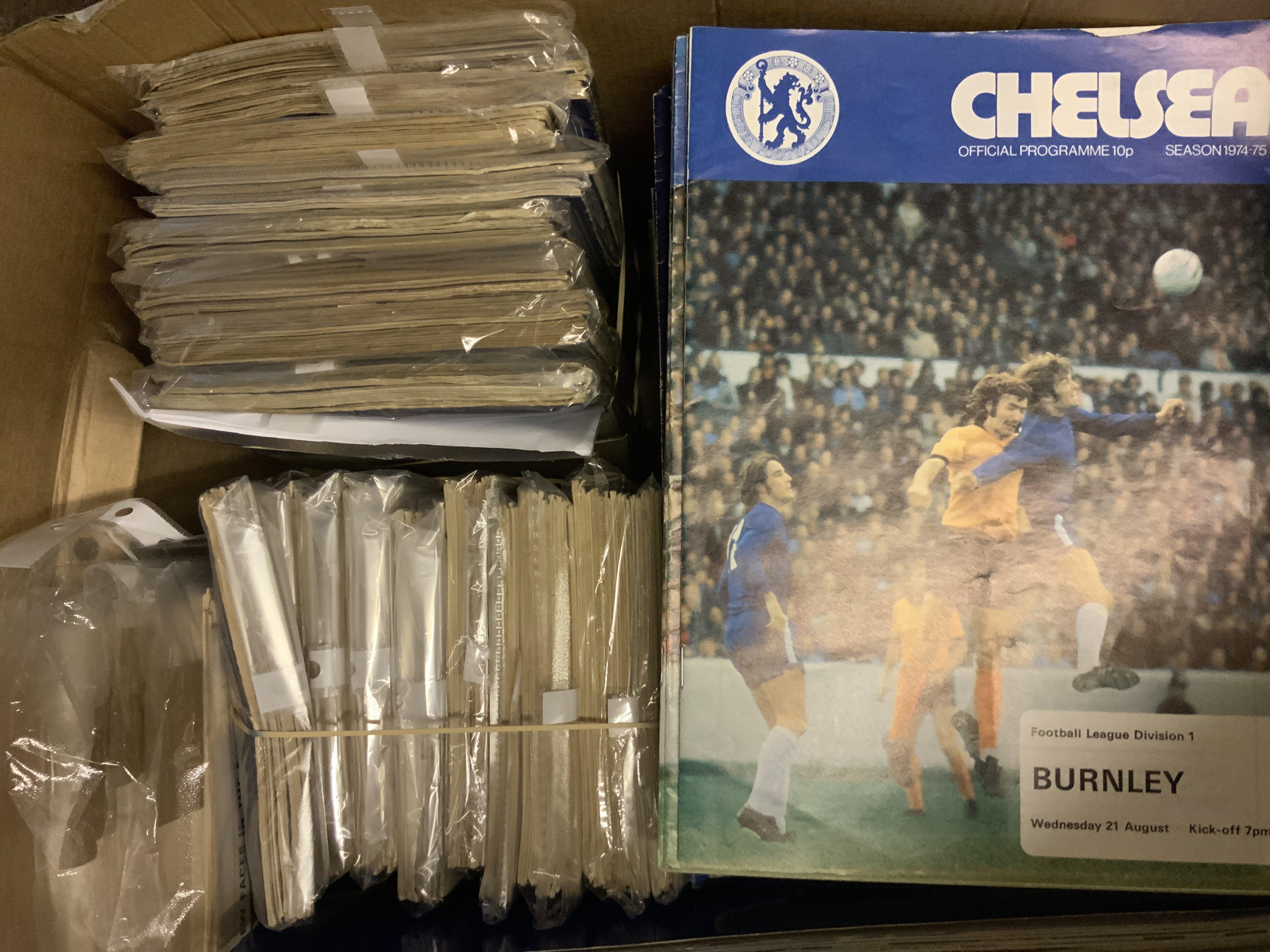 Chelsea Football Programme Collection: 39/40 v Bolton 26/8/1939,1940s x 7 including 46/47 Bolton 1st game after war, 1950s x 139 including 17 from championship season 54/55, 1960s x 192, 1970-1973 x 65 and 1973/4 onwards x 100. Lots of modern big match/special issues. Programmes include League, FAC, League Cup, European, Friendly and miscellaneous games @ Stamford Bridge. Fair condition with around 20 having tokens cut out and 51/52 and 52/53 seasons with some having numbers written on the cover. Not the usual heavily rusted staples in this period. Few yearbooks included. (500+)
