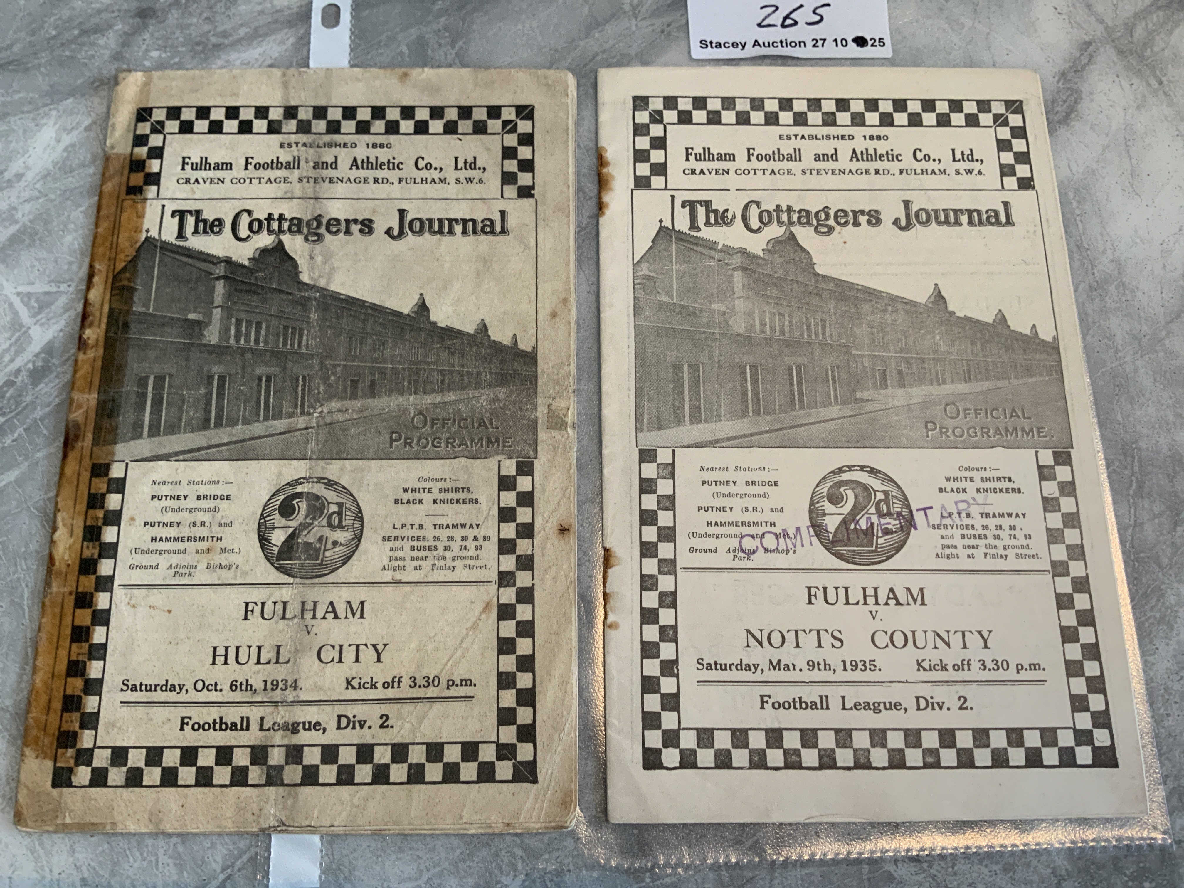 34/35 Fulham Home Football Programmes: Hull City with tape to spine and Notts County with staples rusted away but no team changes. (2)