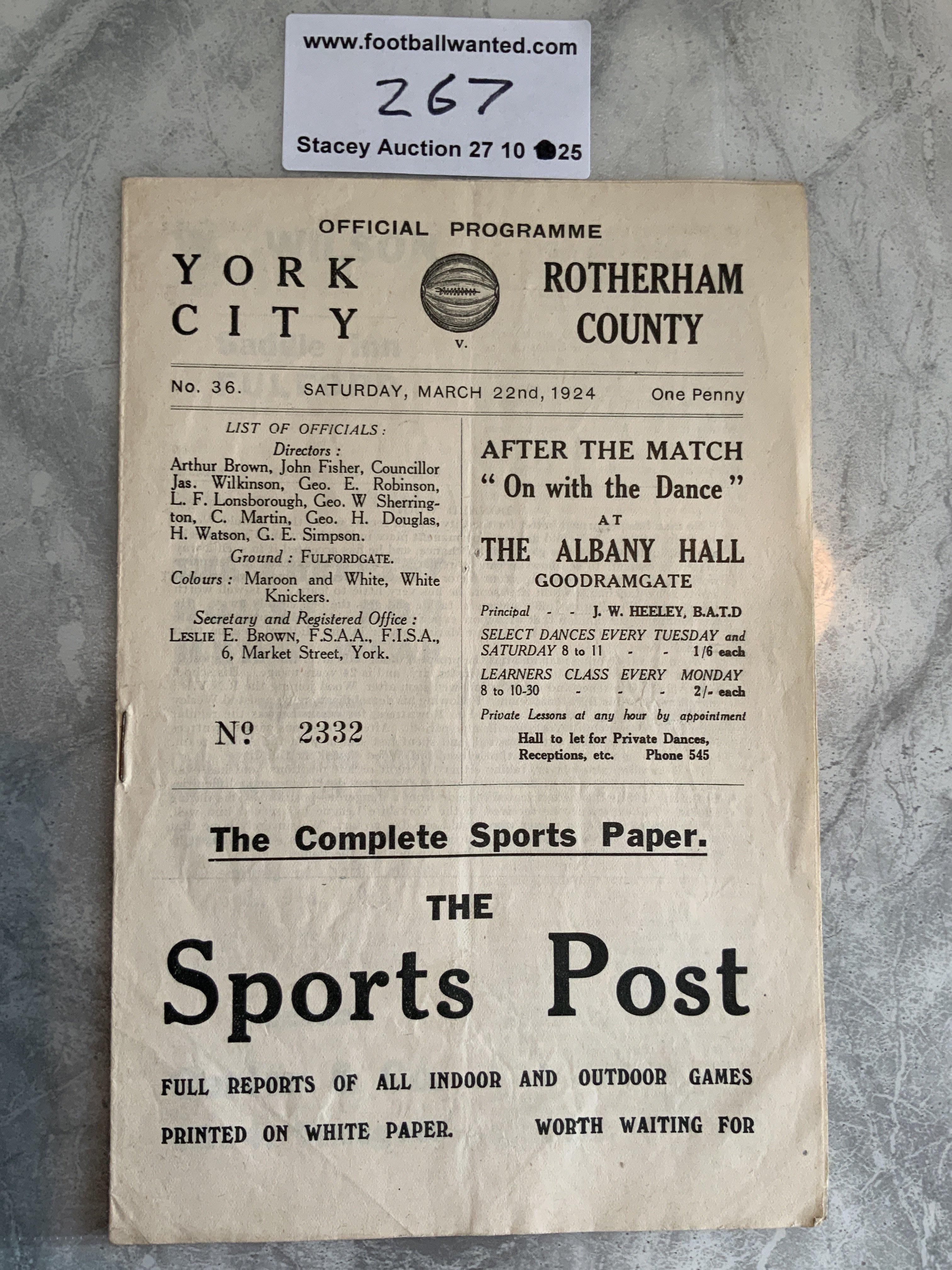1923 - 1924 York City v Rotherham Football Programme: Good condition first team Midland league match with pencilled team changes.