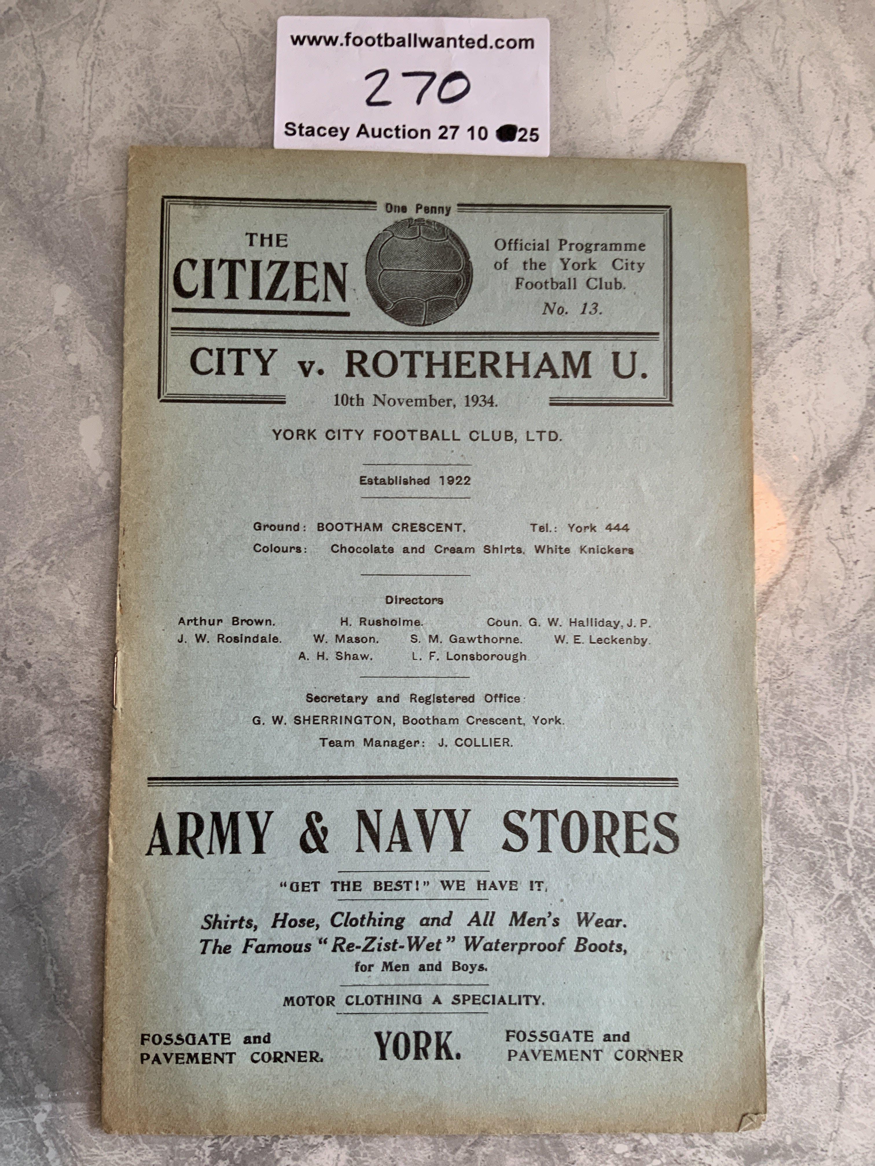 1934 - 1935 York City v Rotherham Football Programme: Good condition division 3 league match with no team changes.