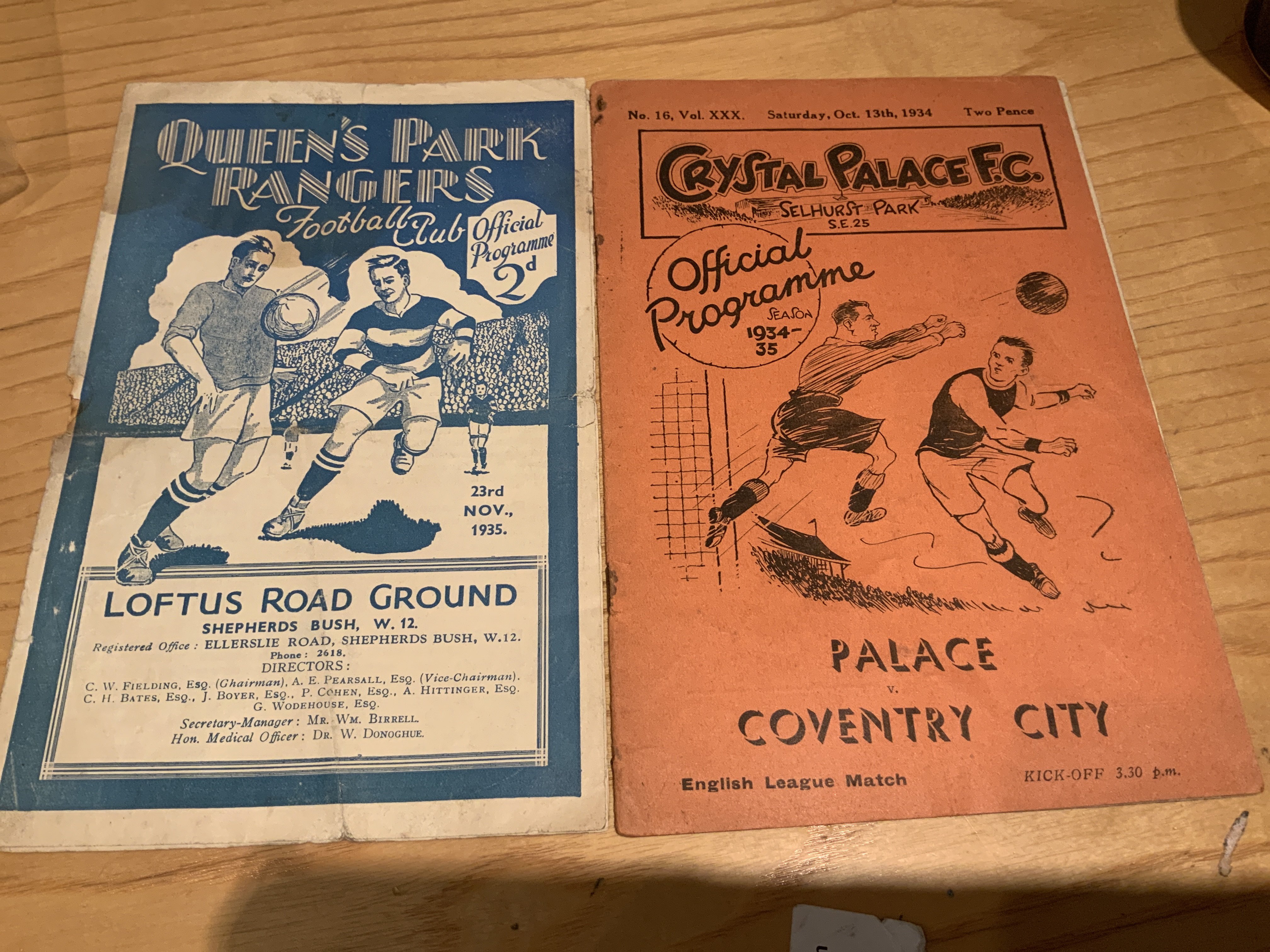 1930s Crystal Palace Football Programmes: Home v 34/35 Coventry with rusty staples but no team changes. C/W poor condition away at 35/36 QPR. (2)