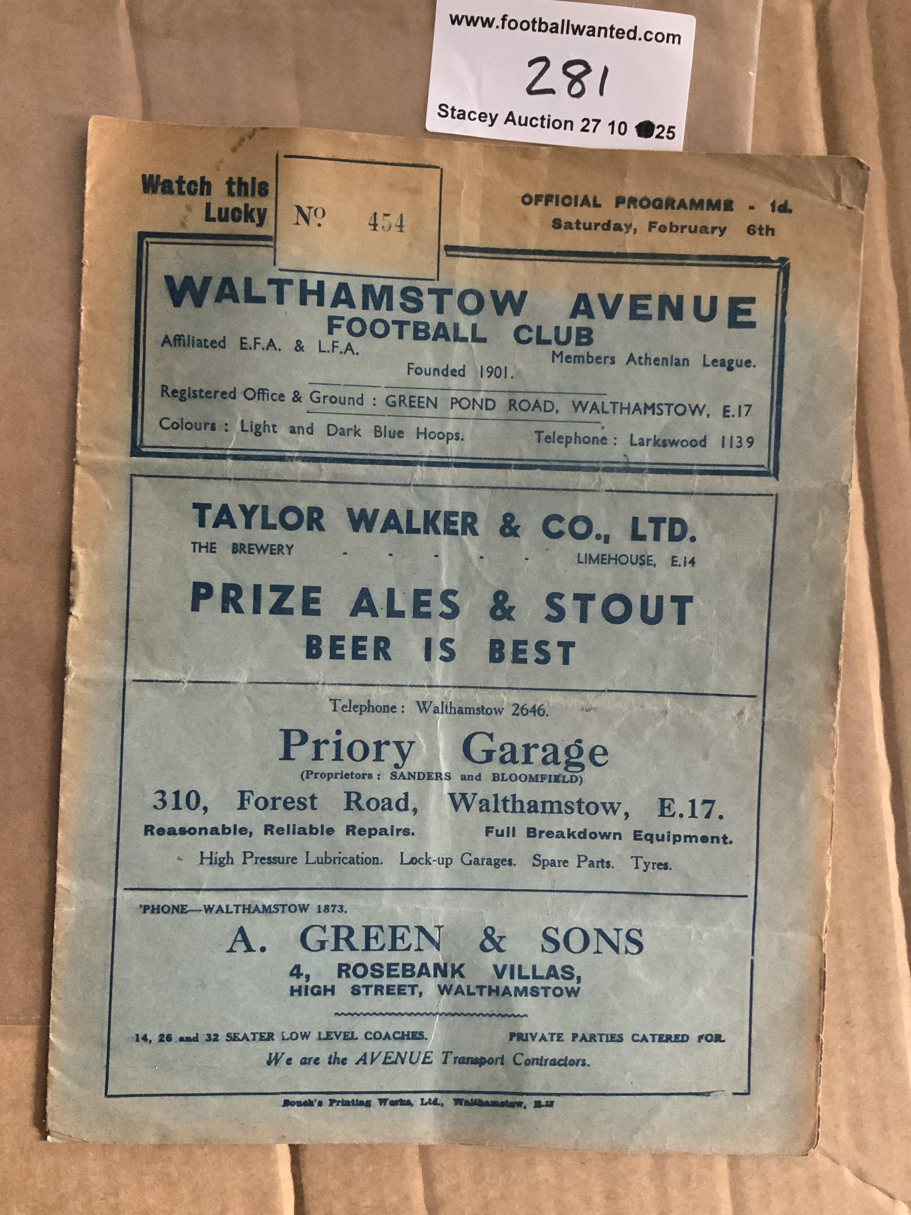 36/37 Walthamstow Ave v Southall Football Programme: Good condition Amateur Cup match with no team changes. Some discolouration to edge.