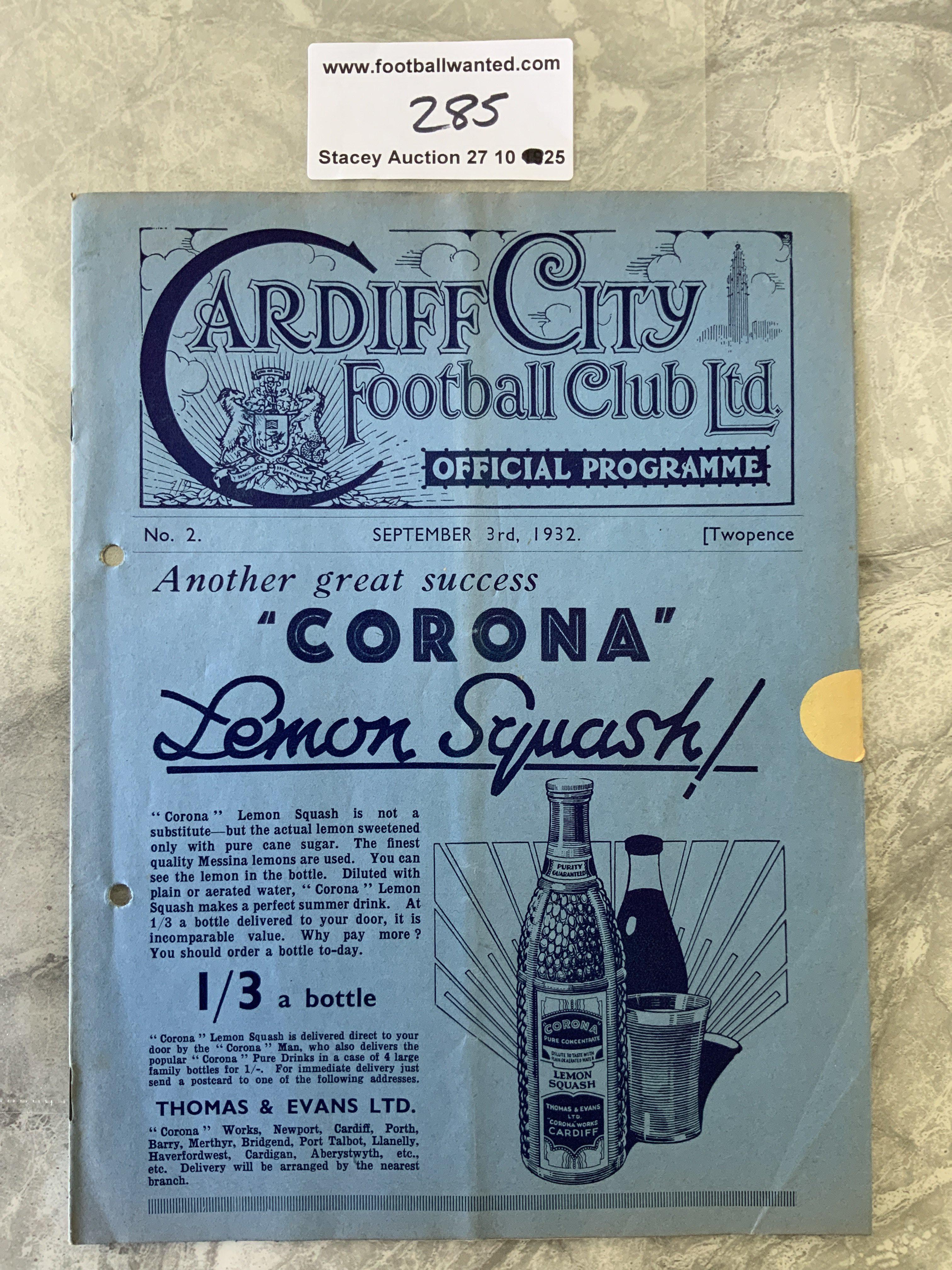 32/33 Cardiff City v Norwich City Football Programme: Excellent condition except for two punch holes. No team changes.