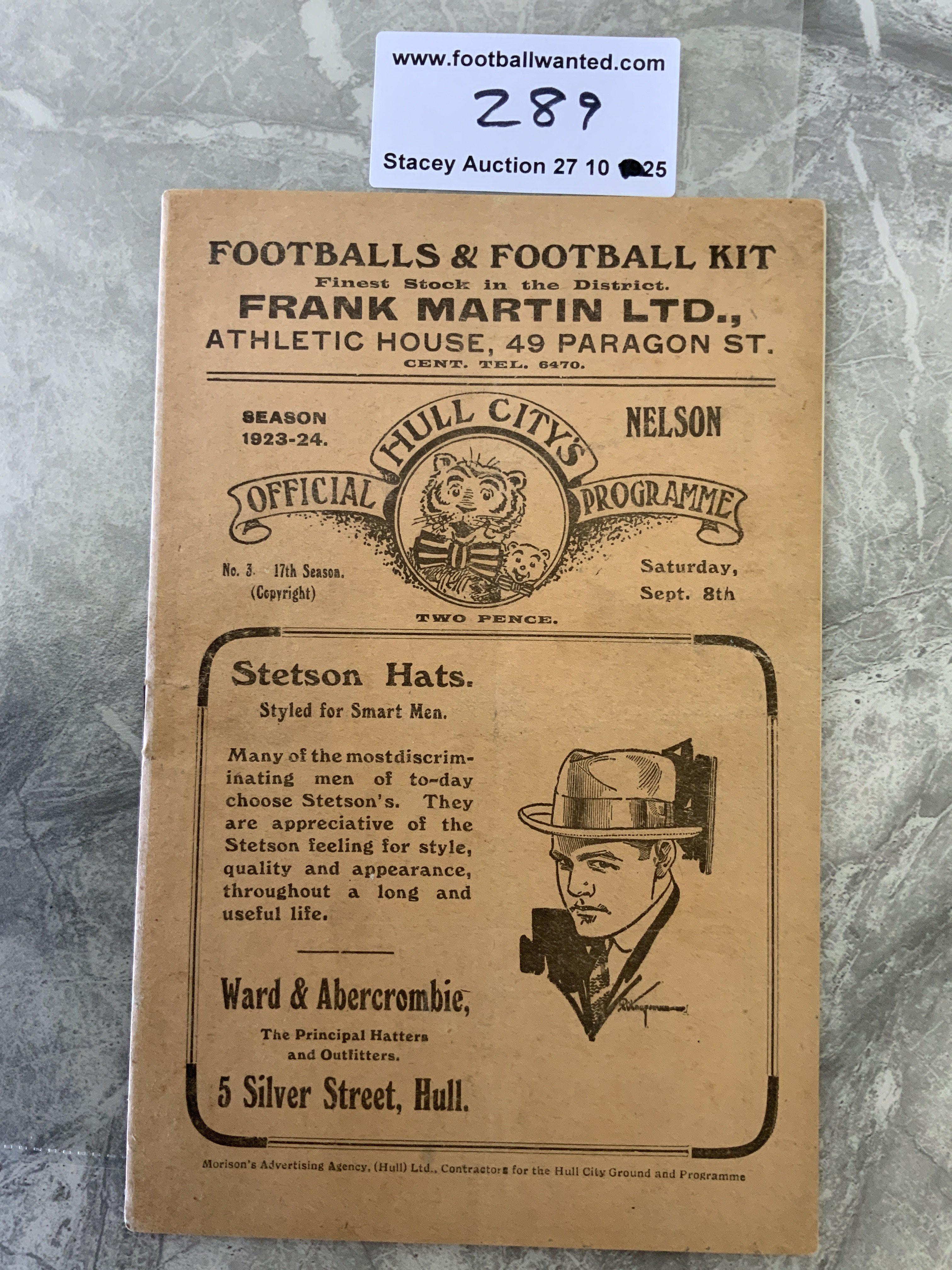 1923 - 1924 Hull City v Nelson Football Programme: Excellent condition division two programme with no team changes. Spine professionally repaired.