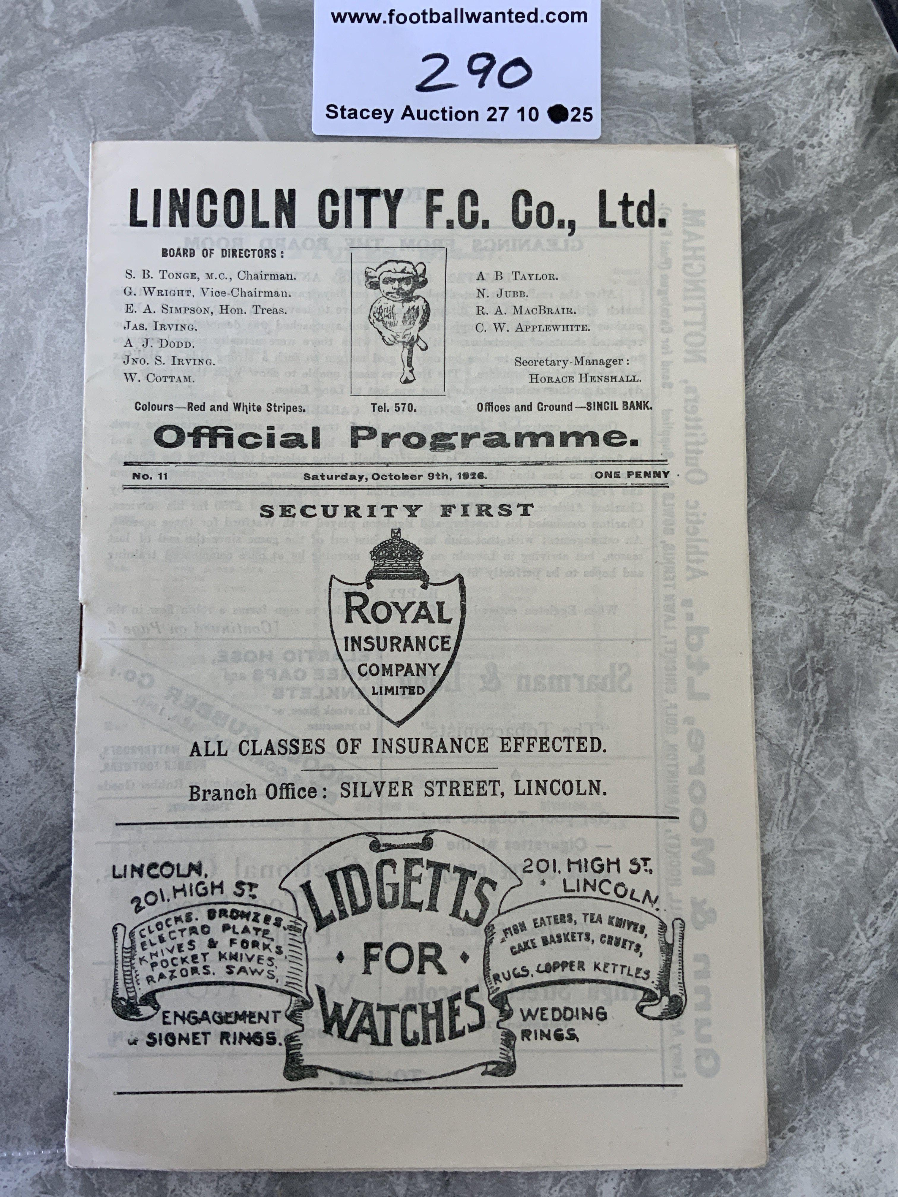 1926 - 1927 Lincoln City v Nelson Football Programme: Excellent condition division three programme with no team changes.