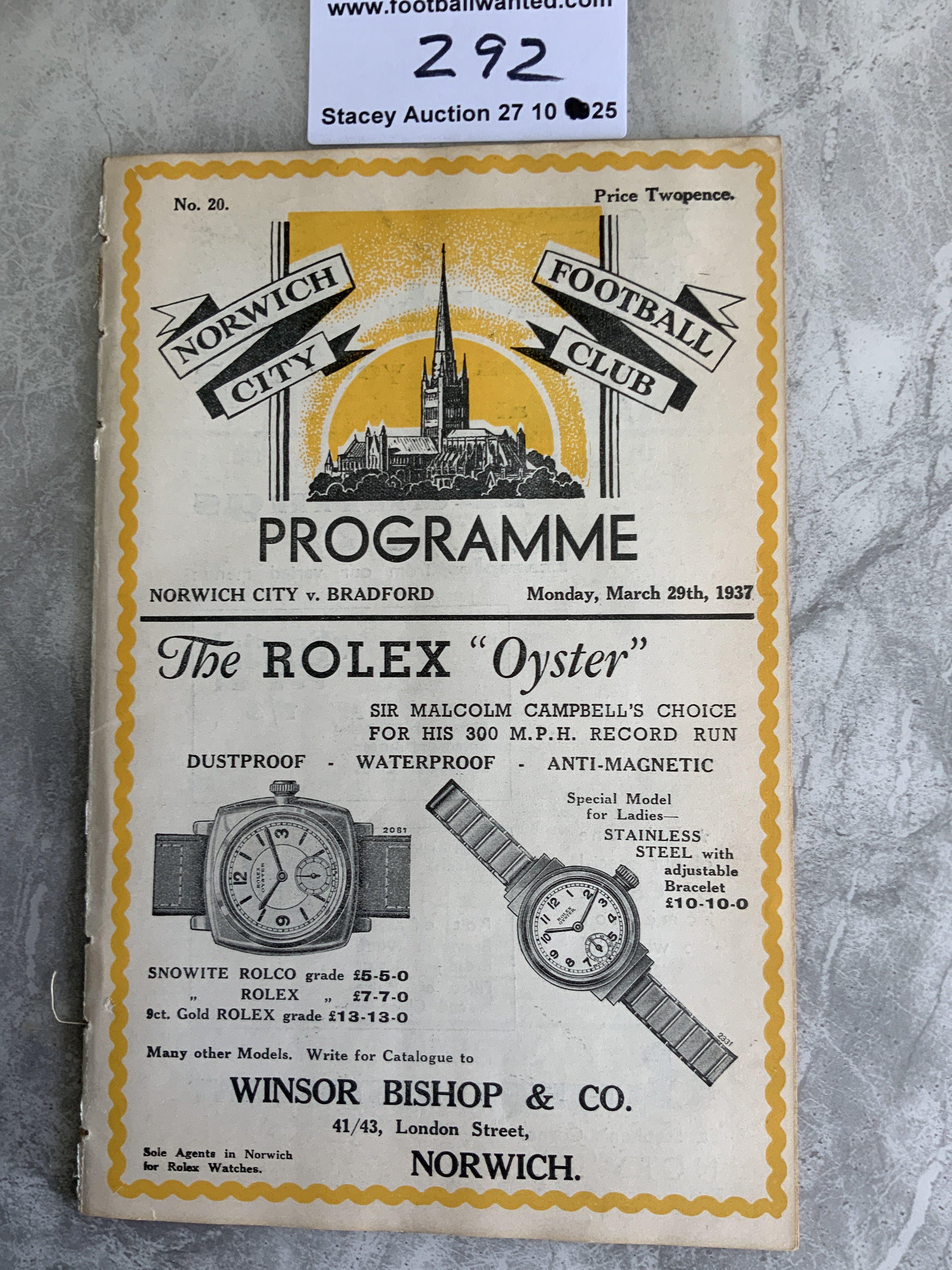 36/37 Norwich City v Bradford Park Avenue Football Programme: Excellent condition ex bound with covers division two programme with no team changes.