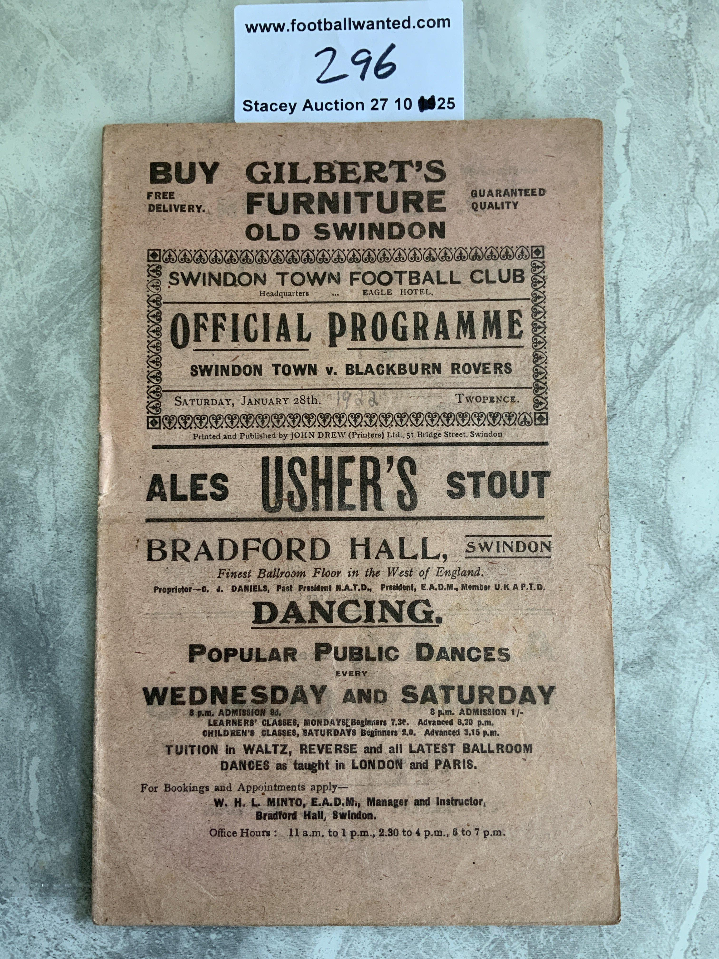 1921 - 1922 Swindon v Blackburn Rovers FA Cup Football Programme: Very good condition programme with no team changes.