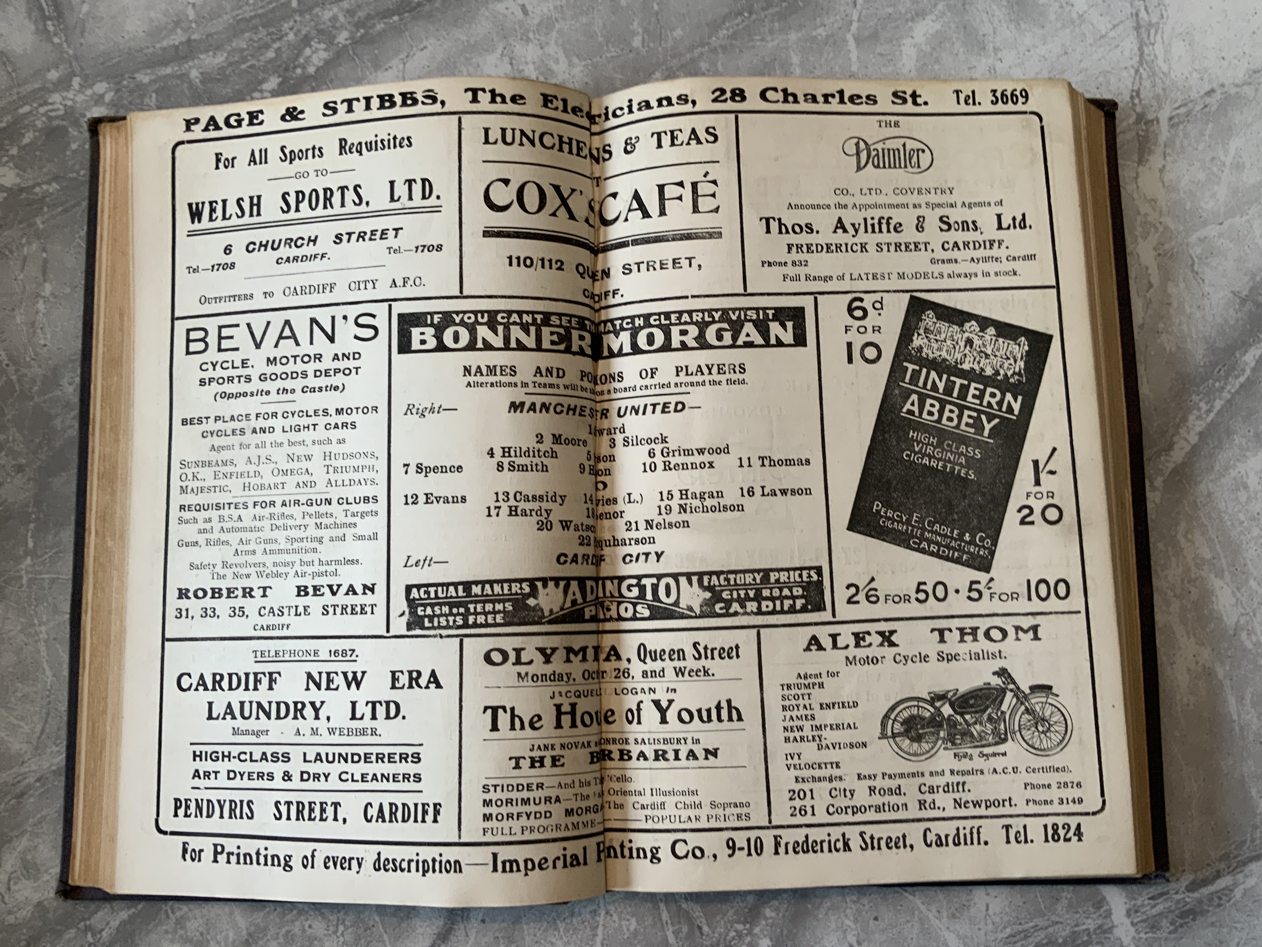 1925 - 1926 Cardiff City Bound Volume Of Football Programmes: 8 page programmes of first team division 1, reserves Welsh League and A team matches. First team includes Manchester United Arsenal West Ham Leeds and Tottenham. Covers missing.