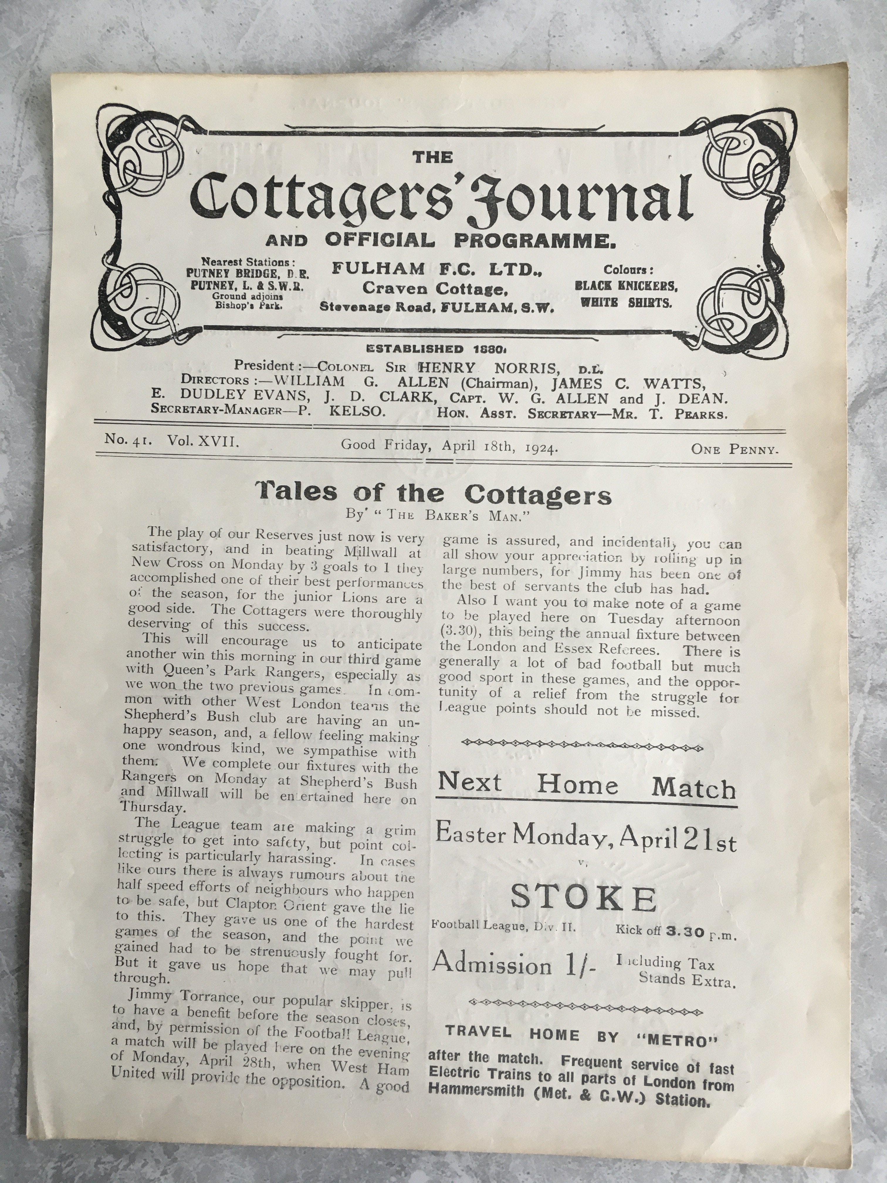 1923 - 1924 Fulham v QPR Reserves Football Programme: Good condition single sheet London Combination match with no team changes.