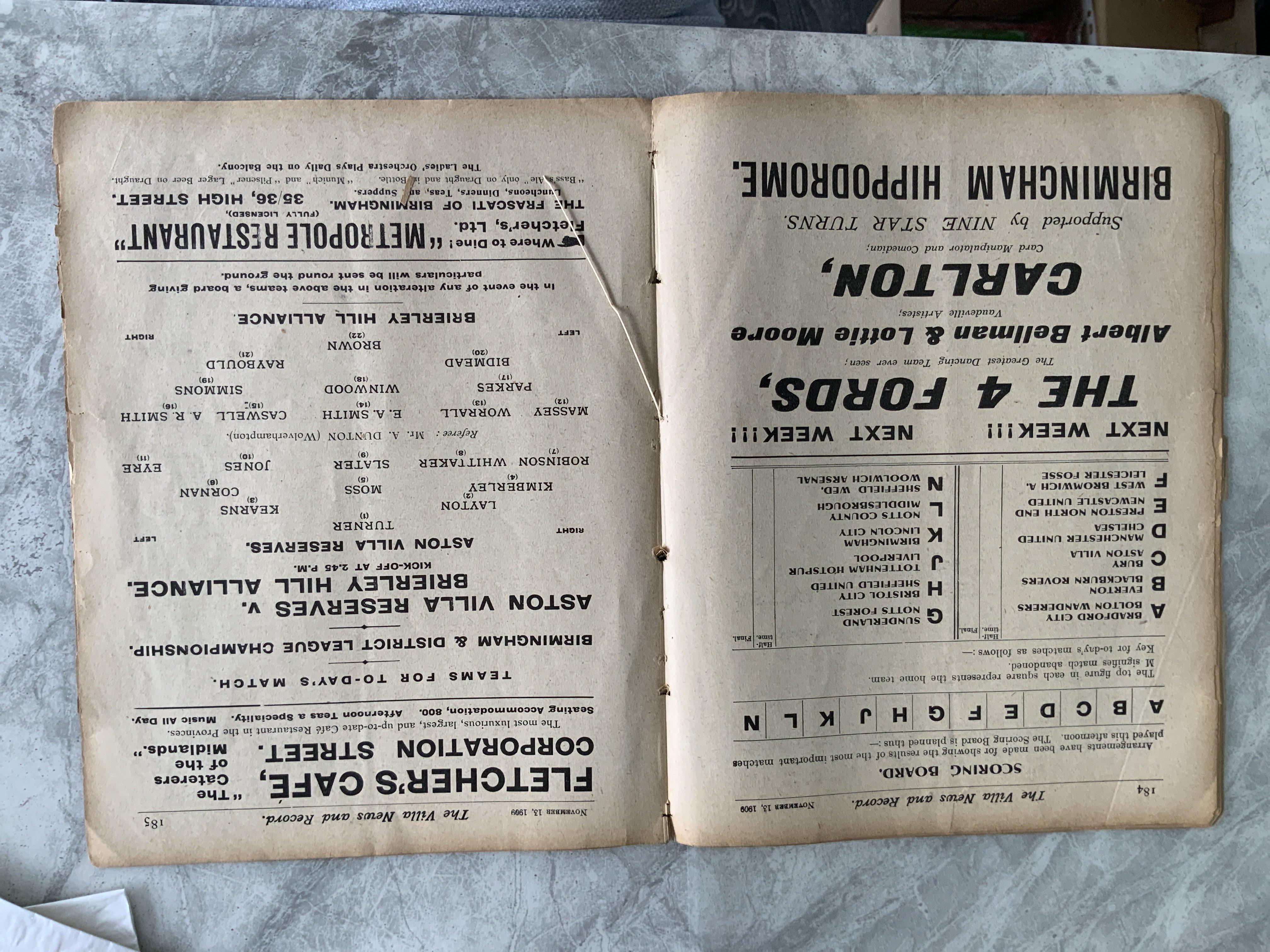 1909 - 1910 Aston Villa Reserves v Brierley Hill Football Programme: Ex bound with writing. Covers intact although a few small pieces missing from border.
