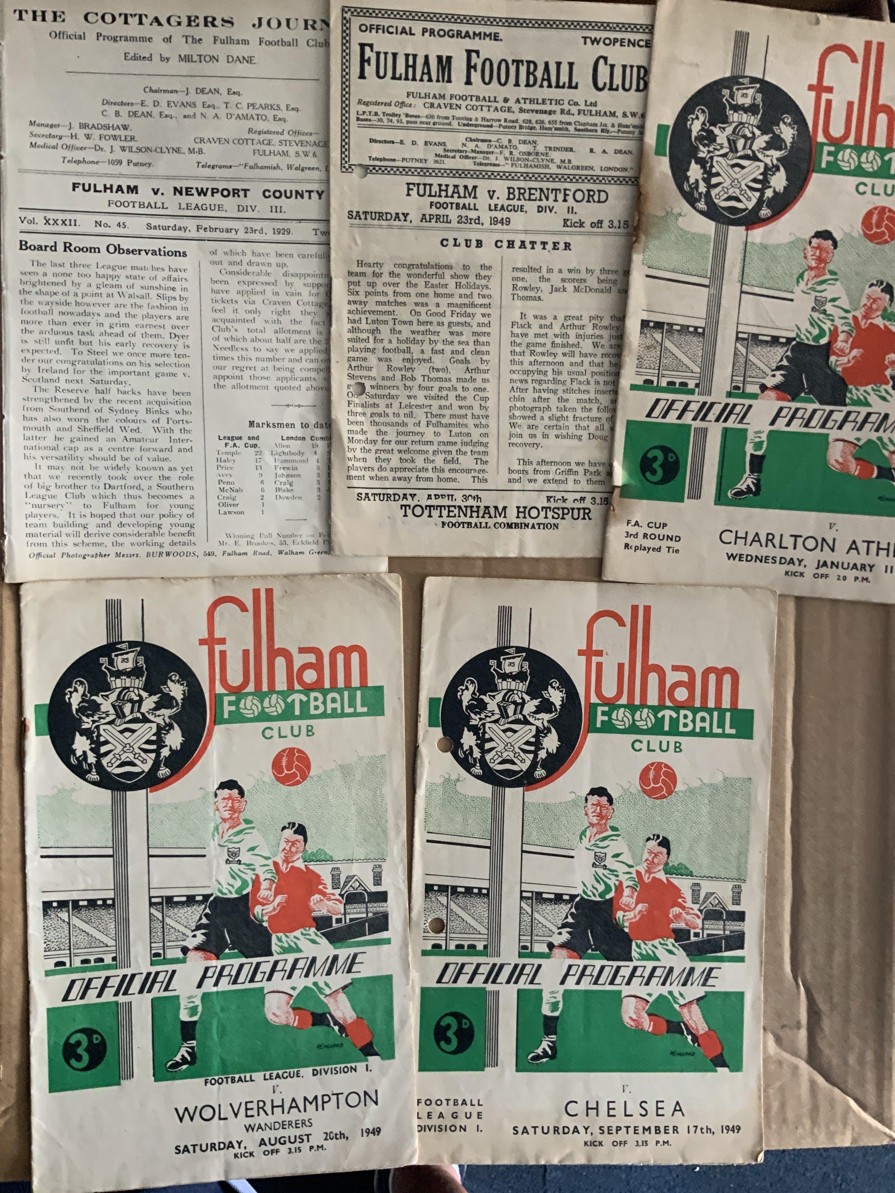 28/29 Fulham v Newport County Football Programme: Ex bound with no covers. C/W 4 late 40s Fulham homes in mainly poor condition. Instructions to sell. (5)