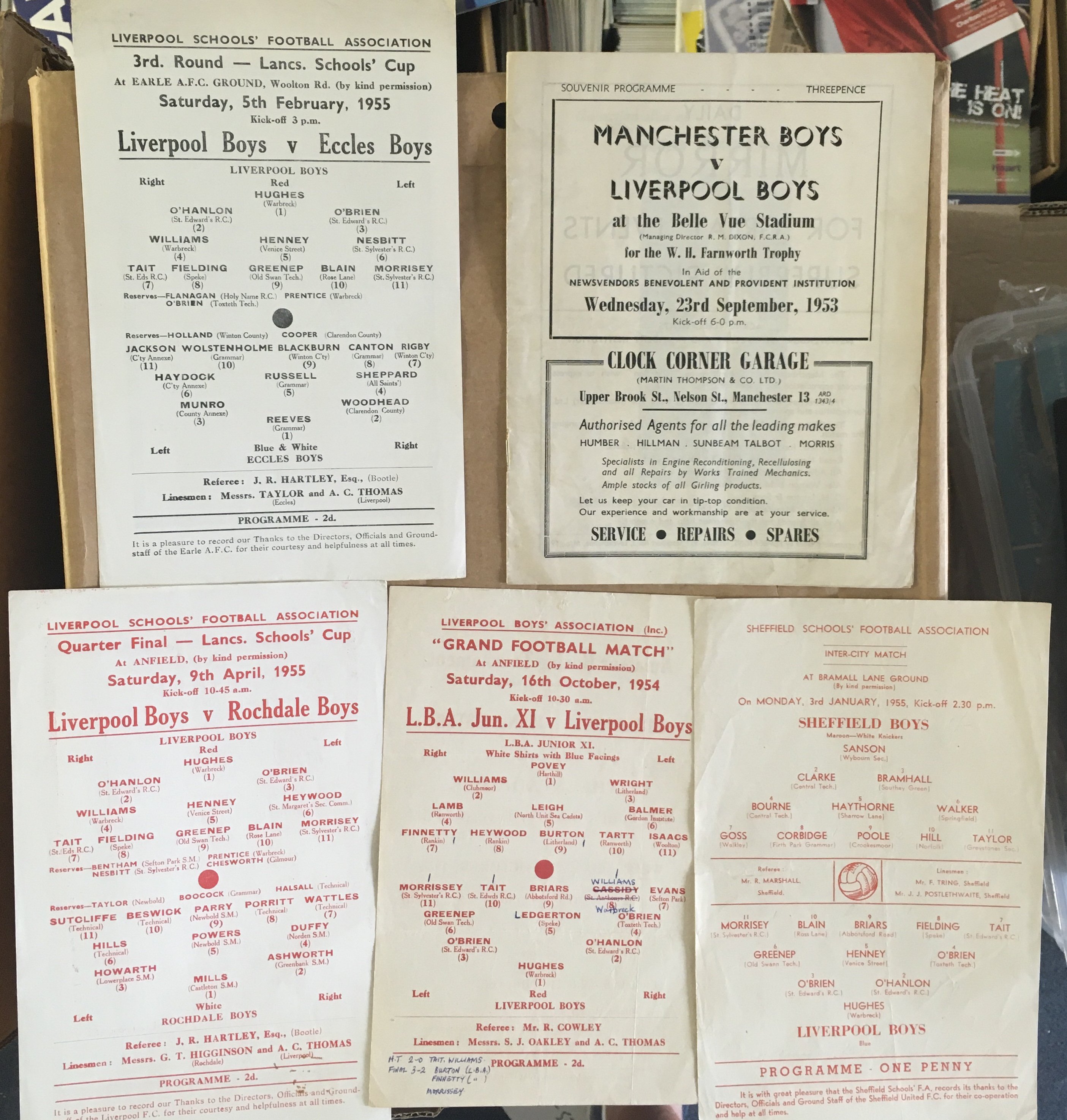 1950s Liverpool Boys Football Programmes: Aways v 53/54 Manchester at Belle Vue, 54/55 Sheffield at Bramall Lane. Home single sheets v Eccles at Walton Road and two from Anfield in 54/55 v League X1 and Rochdale. Excellent. (5)