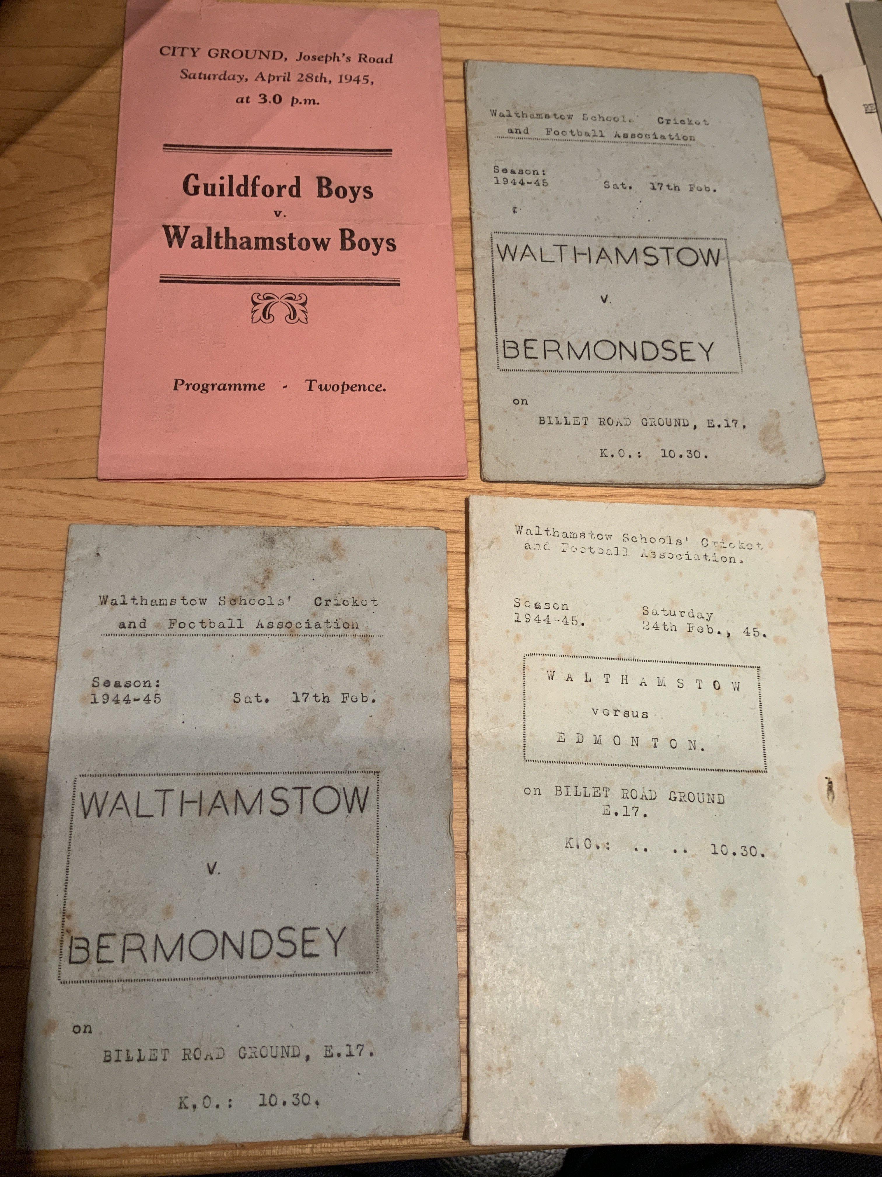 1940s Walthamstow Avenue Football Programmes: Former property of Walthamstow player and England International cricketer Doug Insole. 44/45 Walthamstow Schools v Edmonton Guildford and Bermondsey x 2. There are a couple of programmes from the same season where Doug was breaking into the mens team and another from 46/47 and 49/50. We have added 53/54 Bromley to this lot but not from Insole. Mixed conditions. (9)