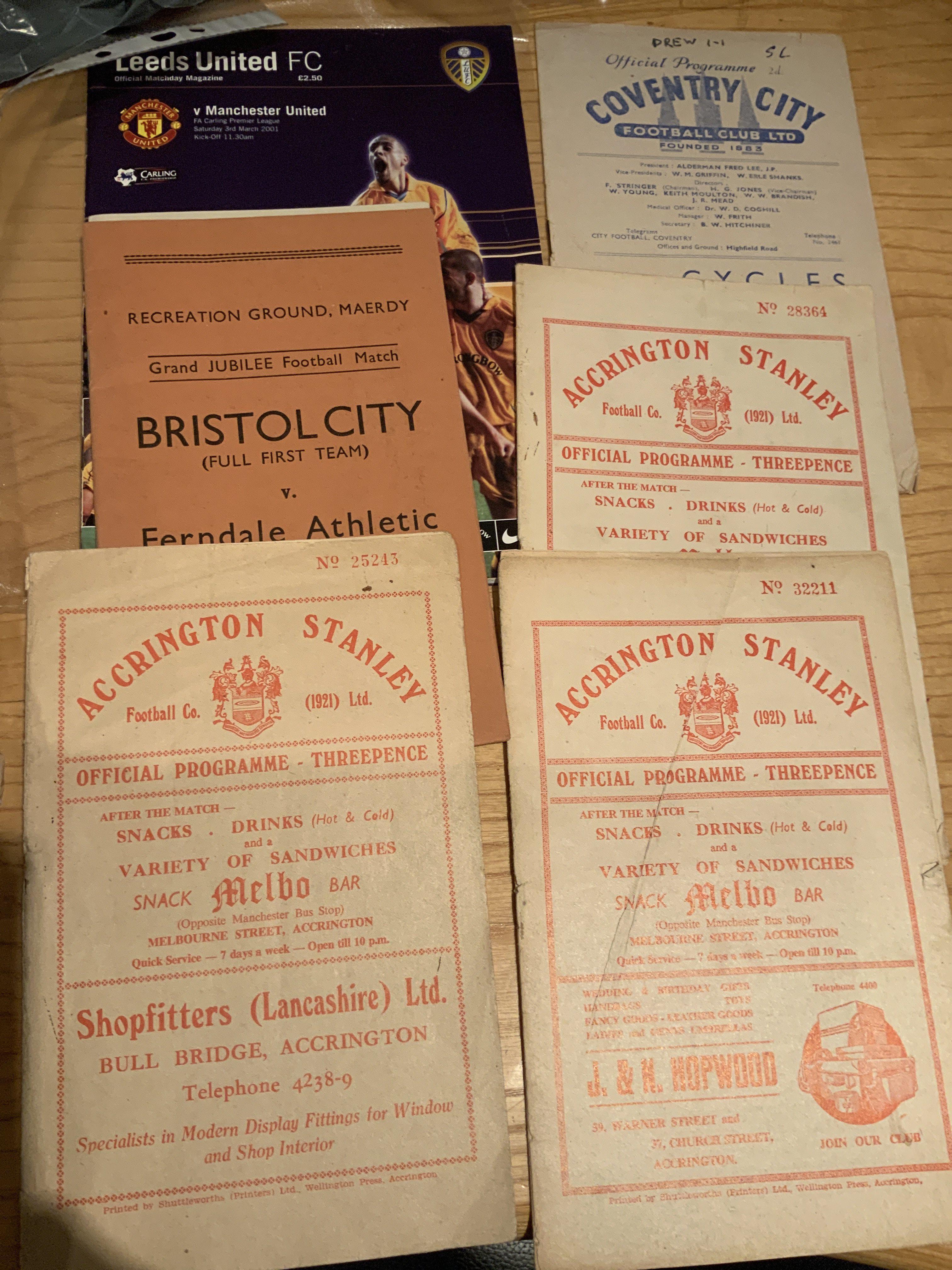 Football Programme Assortment: Accrington Stanley mid 50s x 3, 48/49 Coventry v Plymouth home and away, 71/72 Bristol City v Ferndale. Mixed conditions with instructions to sell.