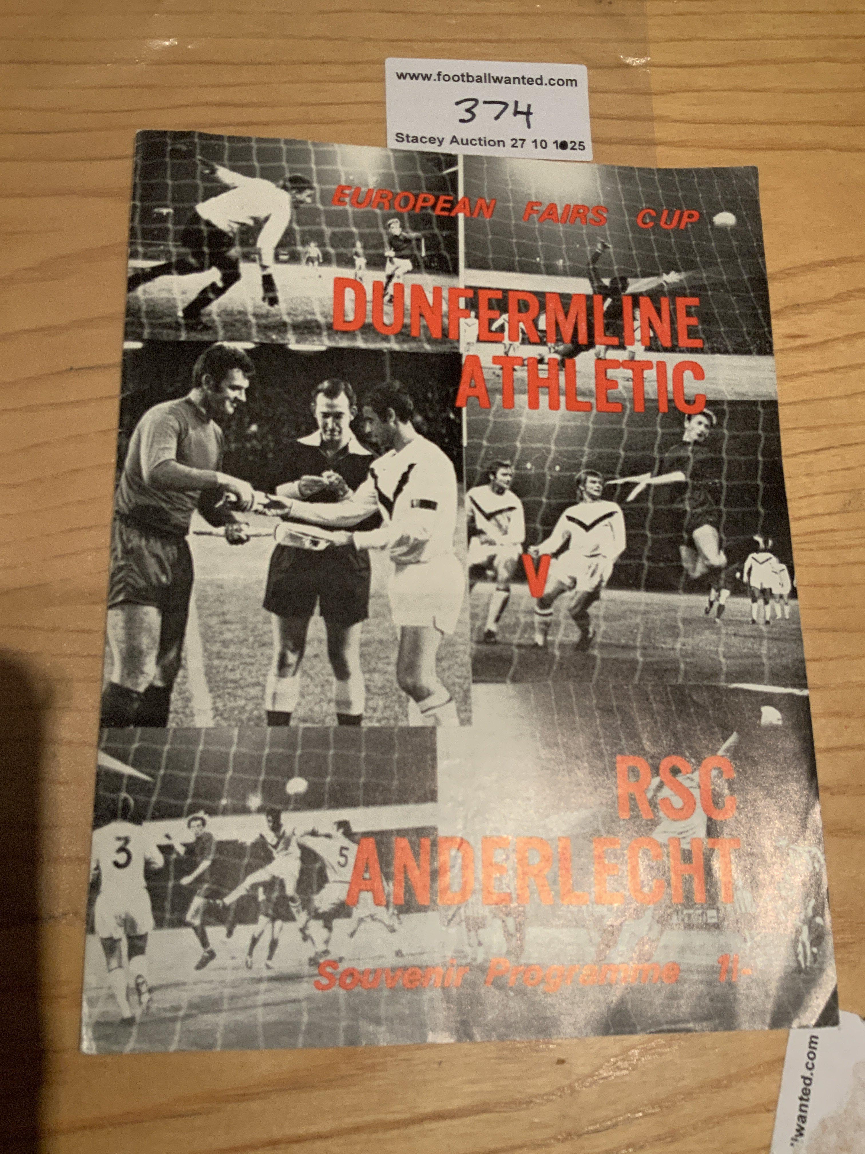 69/70 Dunfermline v Anderlecht Football Programme: Excellent condition Fairs Cup programme with no team changes. Anderlecht famously played Arsenal in the final.