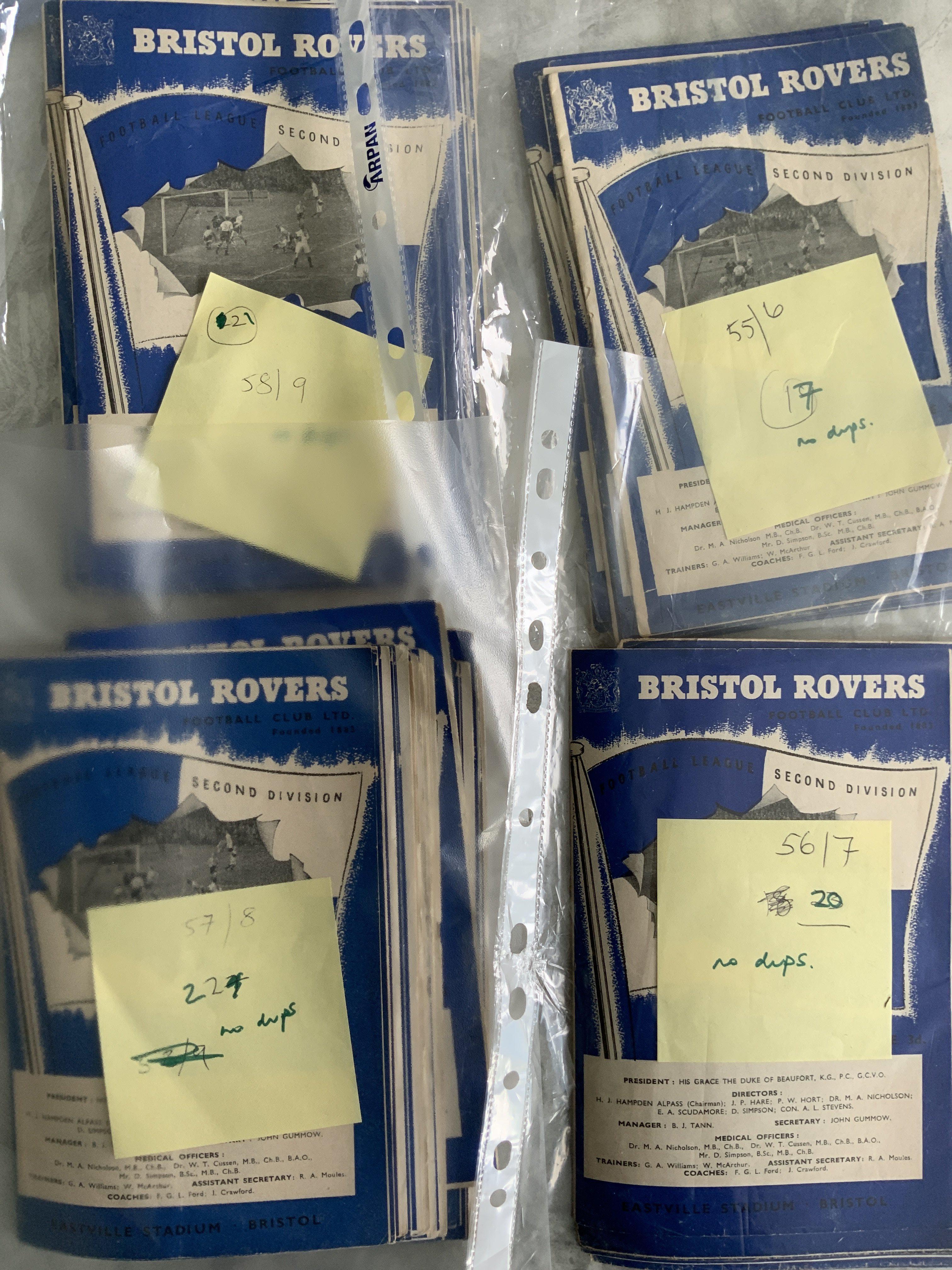 1950s Bristol Rovers Home Football Programmes: 55/56 x 17, 56/57 x 20, 57/58 x 22, 58/59 x 21. Good with no duplication. (80)