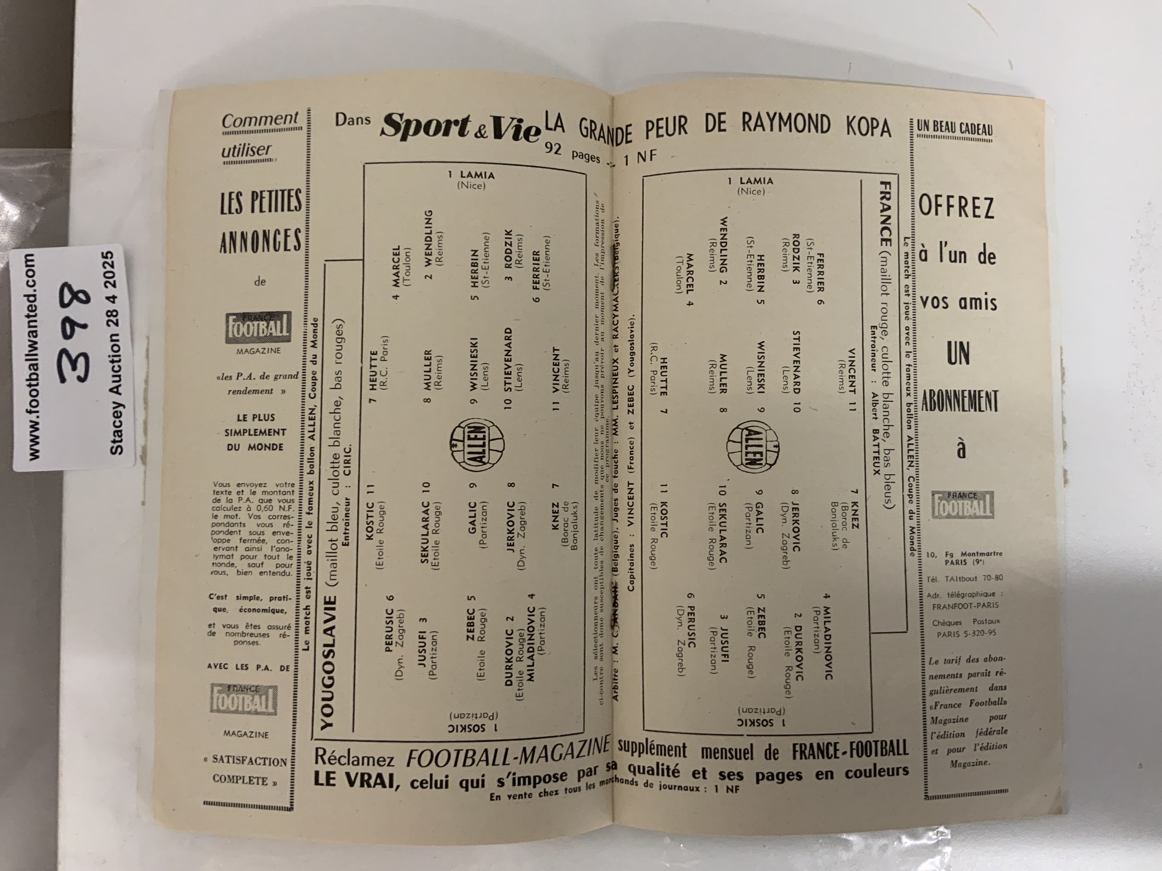 1960 Euros Semi Final France v Yugoslavia Football Programme: Excellent condition with no writing. As usual, the champagne label has been opened for reading.