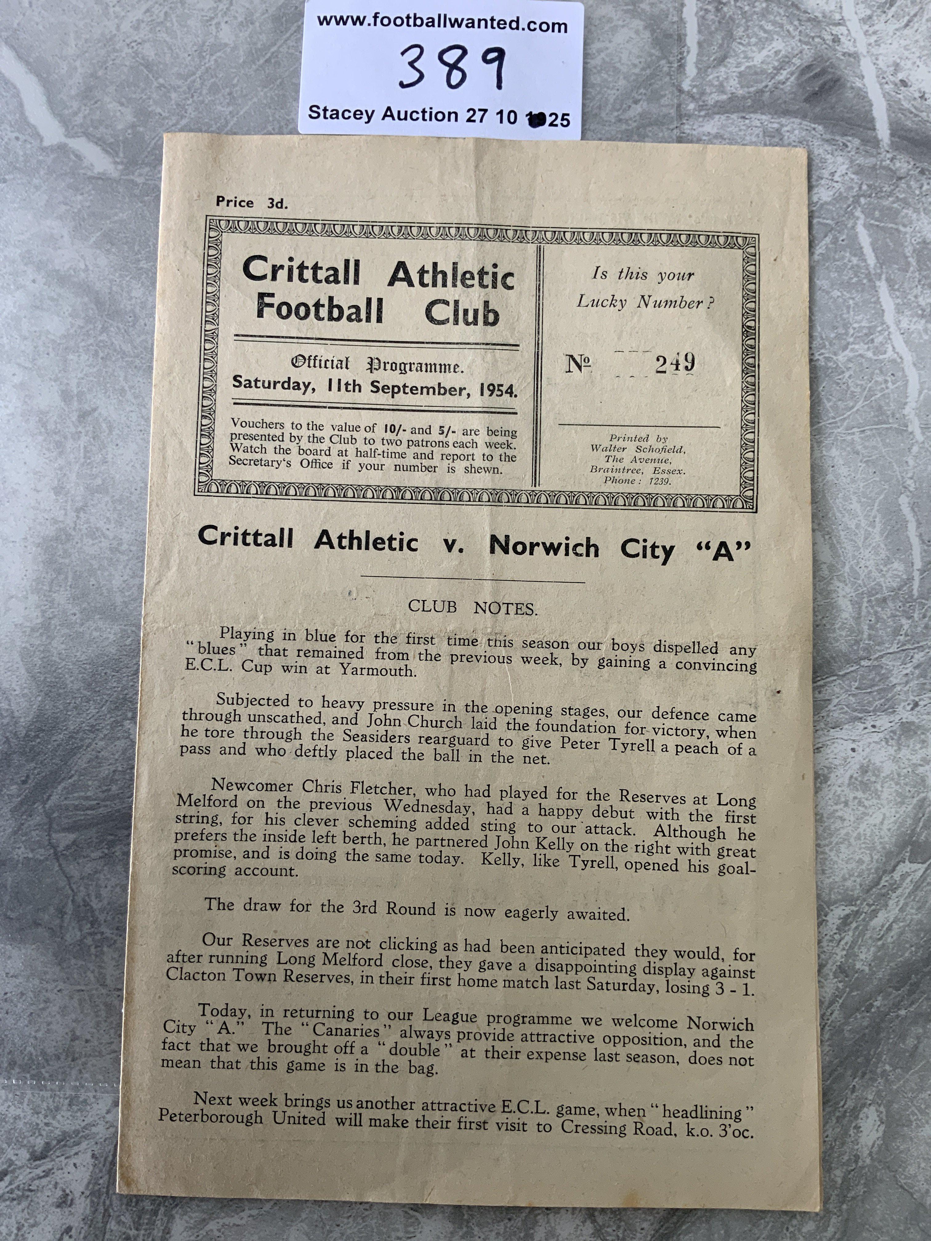 54/55 Crittall v Norwich City A Football Programme: Eastern Counties League 4 pager with team changes dated 119 1954. Very good.