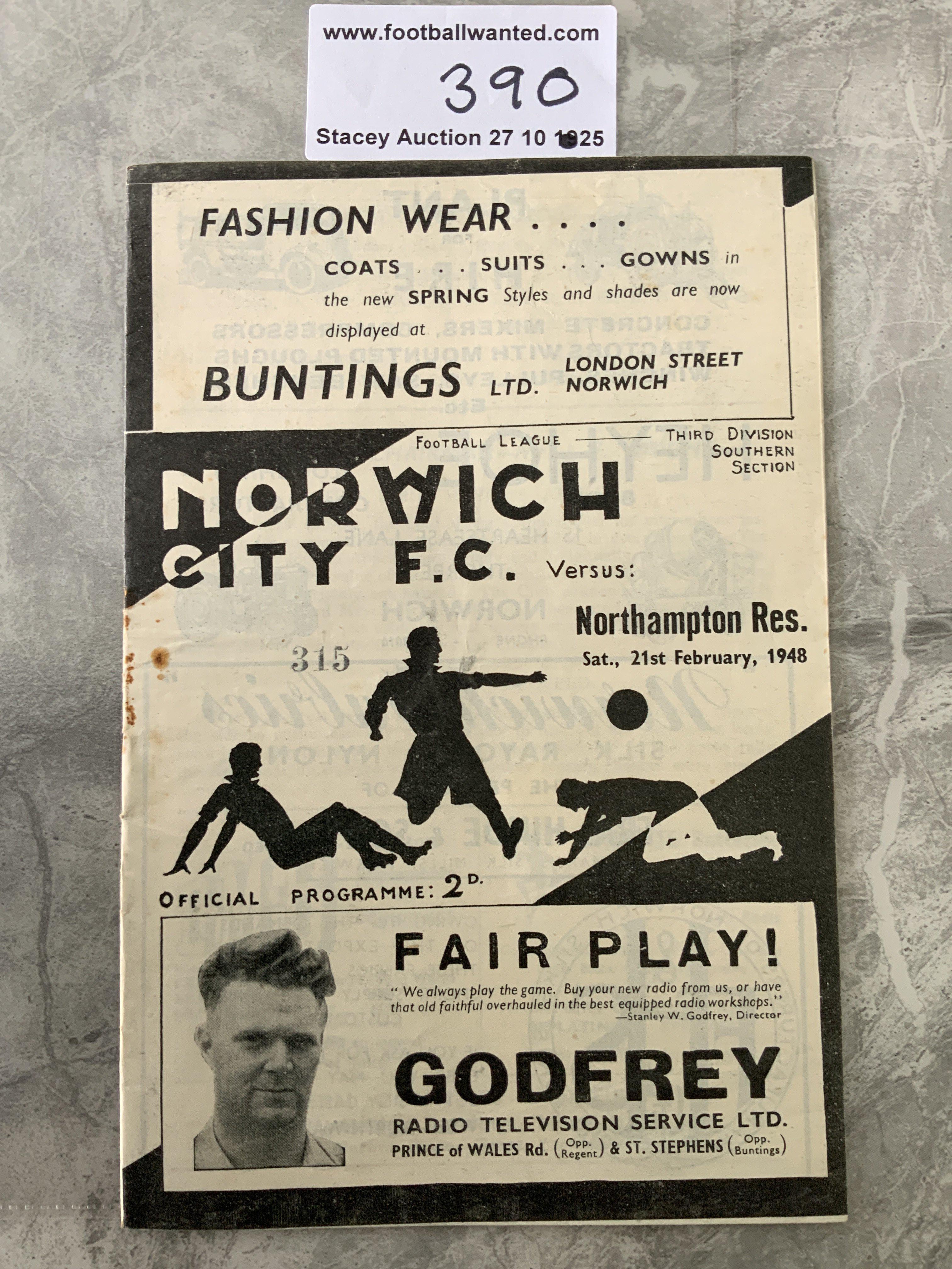 47/48 Norwich City Reserves v Northampton Football Programme: Football Combination with pencilled team changes dated 21 2 1948. Very good.