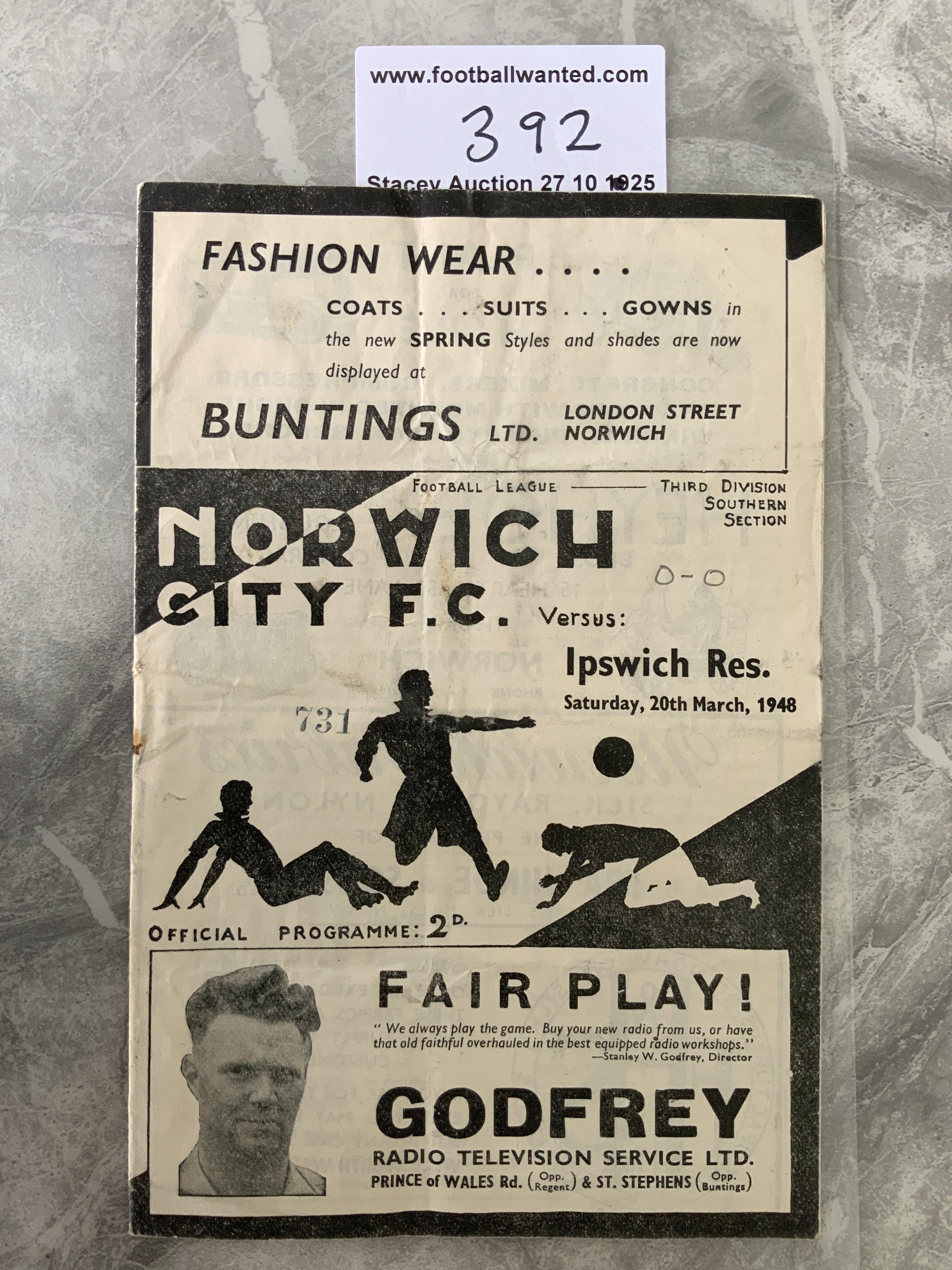 47/48 Norwich City Reserves v Ipswich Football Programme: Football Combination with pencilled team changes dated 20 3 1948. Very good with pencilled score to cover.