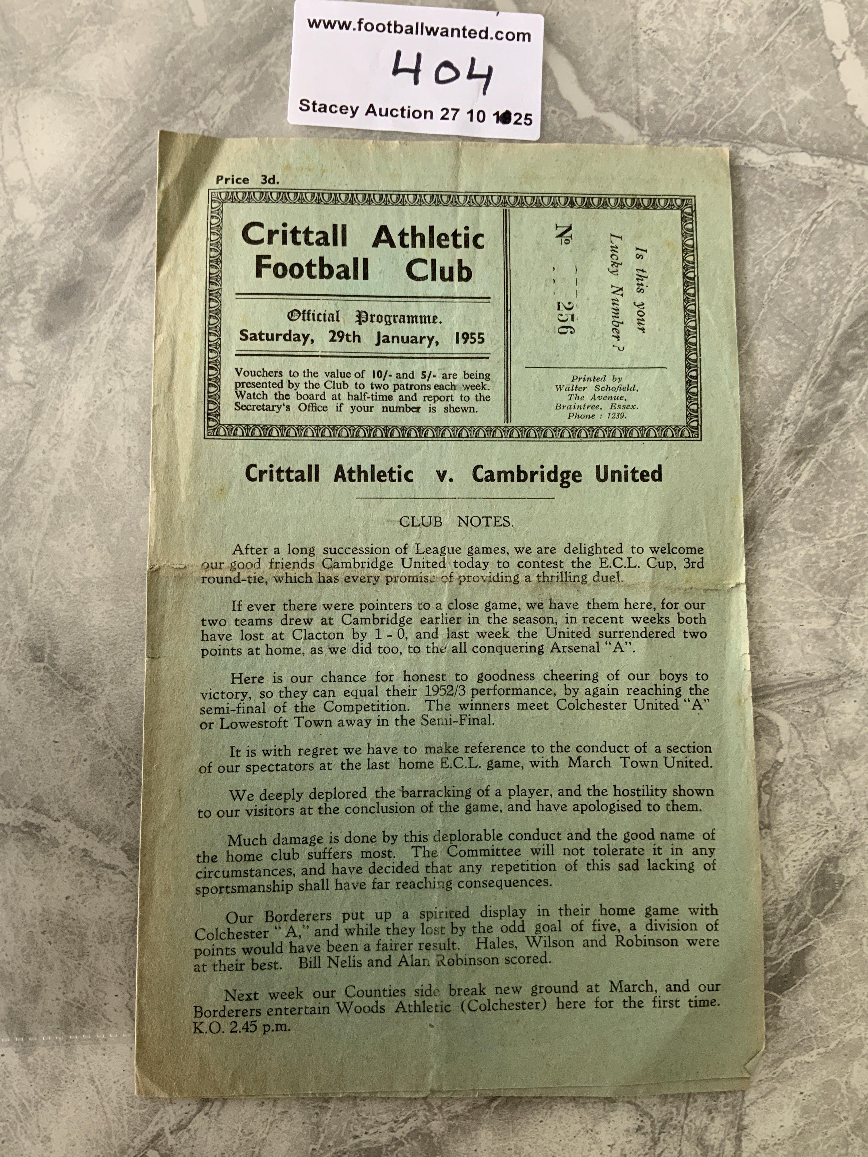 54/55 Crittall v Cambridge United Football Programme: Eastern Counties League Cup match with team changes dated 29 1 1955. Good with fold.