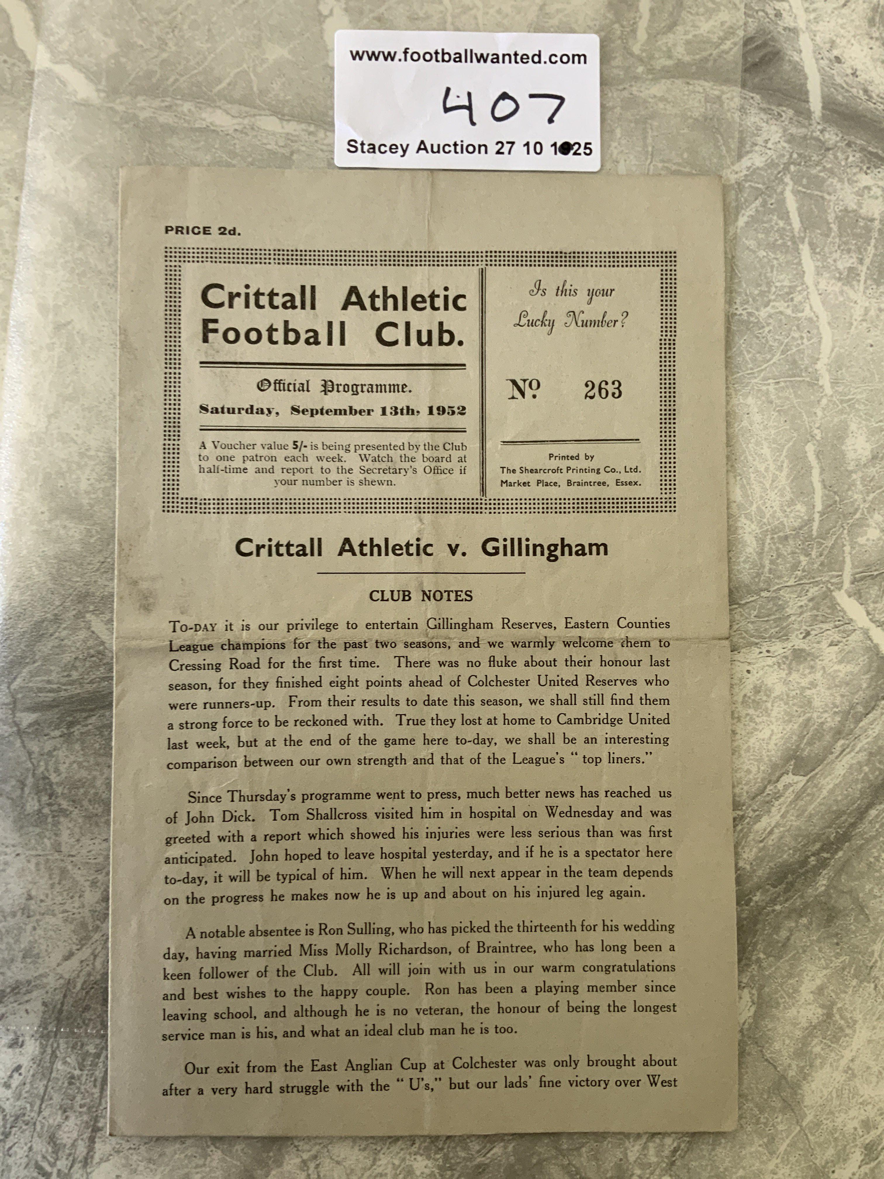 52/53 Crittall v Gillingham Football Programme: Eastern Counties League match with team changes dated 13 9 1952. Good with fold.