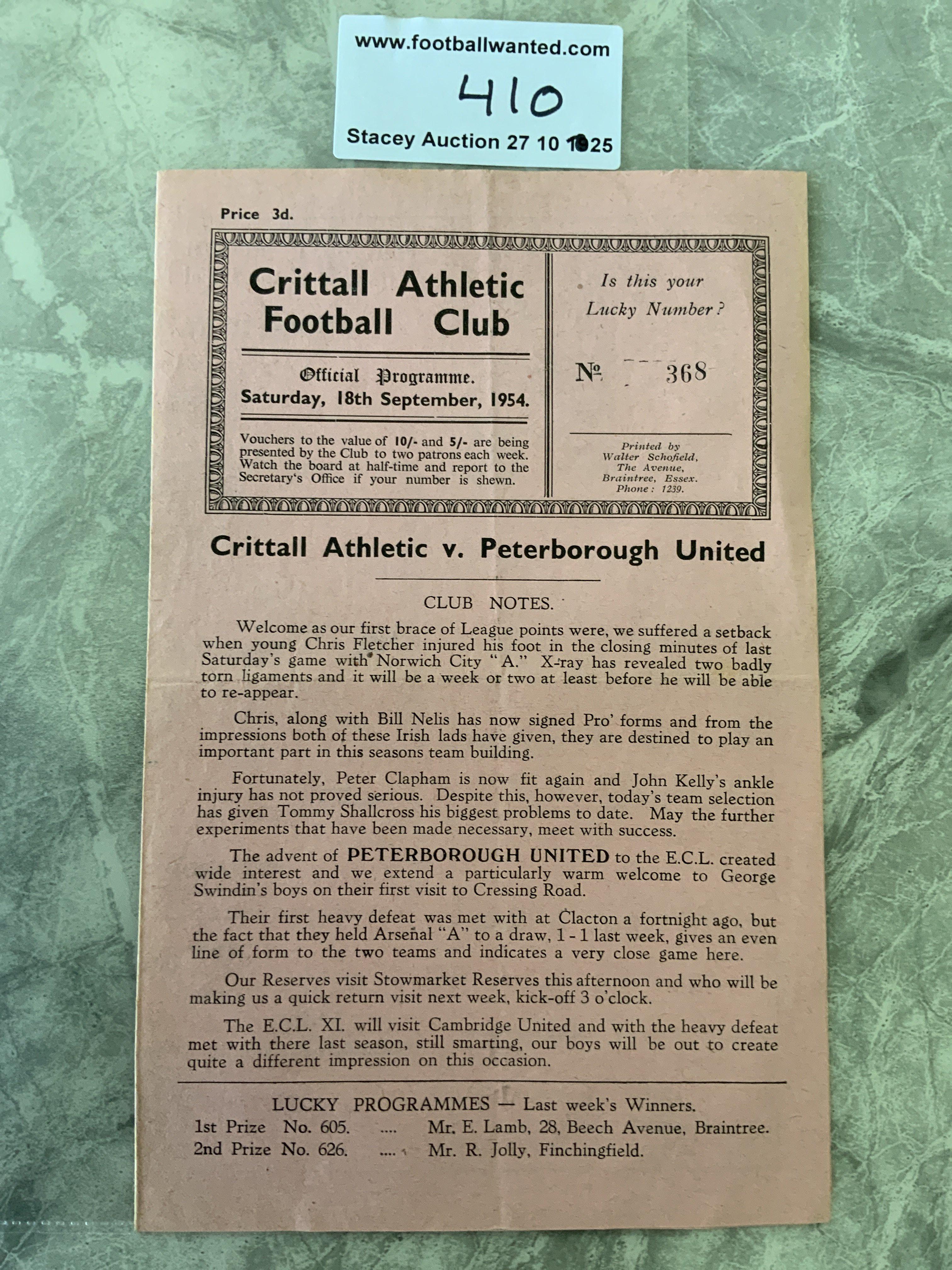 54/55 Crittall v Peterborough United Football Programme: Eastern Counties League match with team changes dated 18 9:1954. Very good.