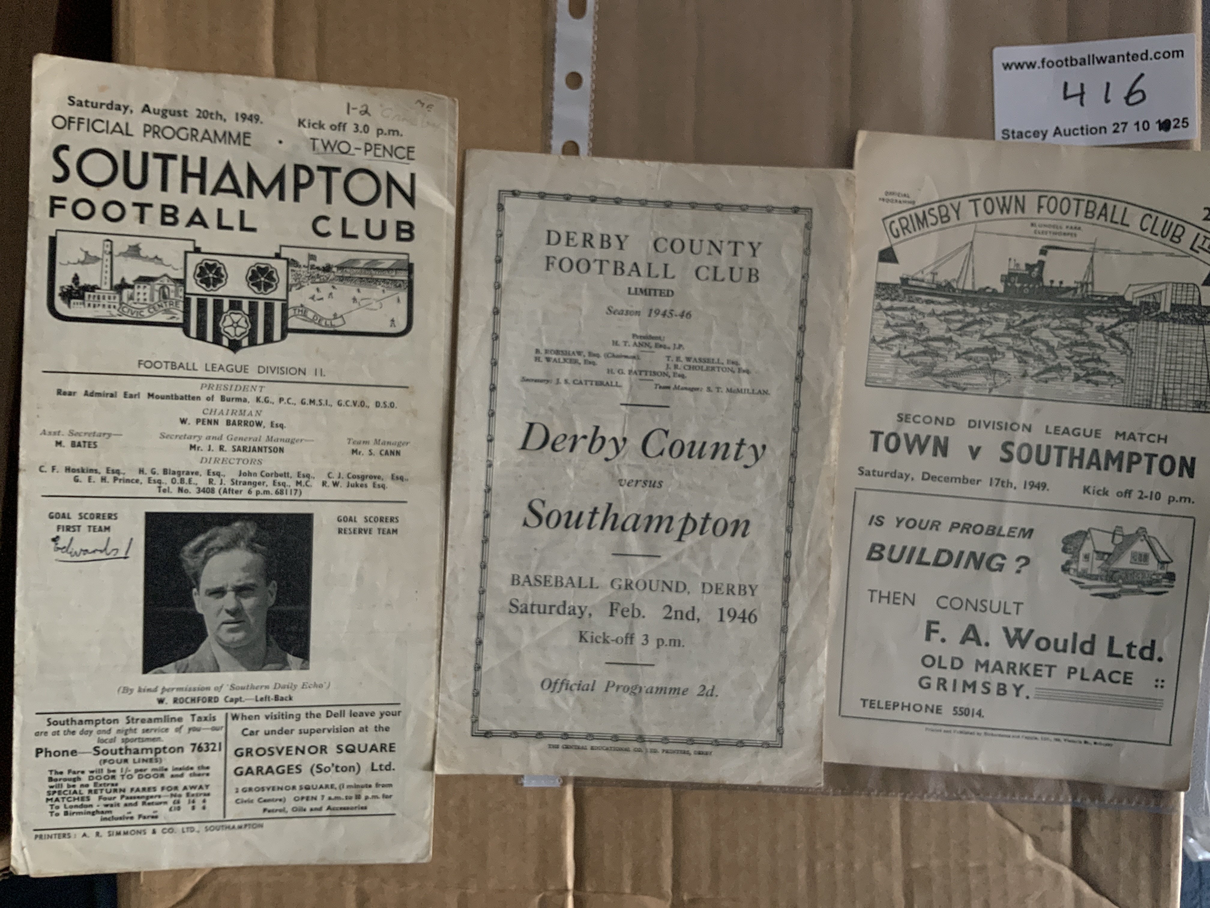 1940s Southampton Football Programmes: Aways at 45/46 Derby, 49/50 Grimsby both good plus home to 49/50 Grimsby which is fair. (3)