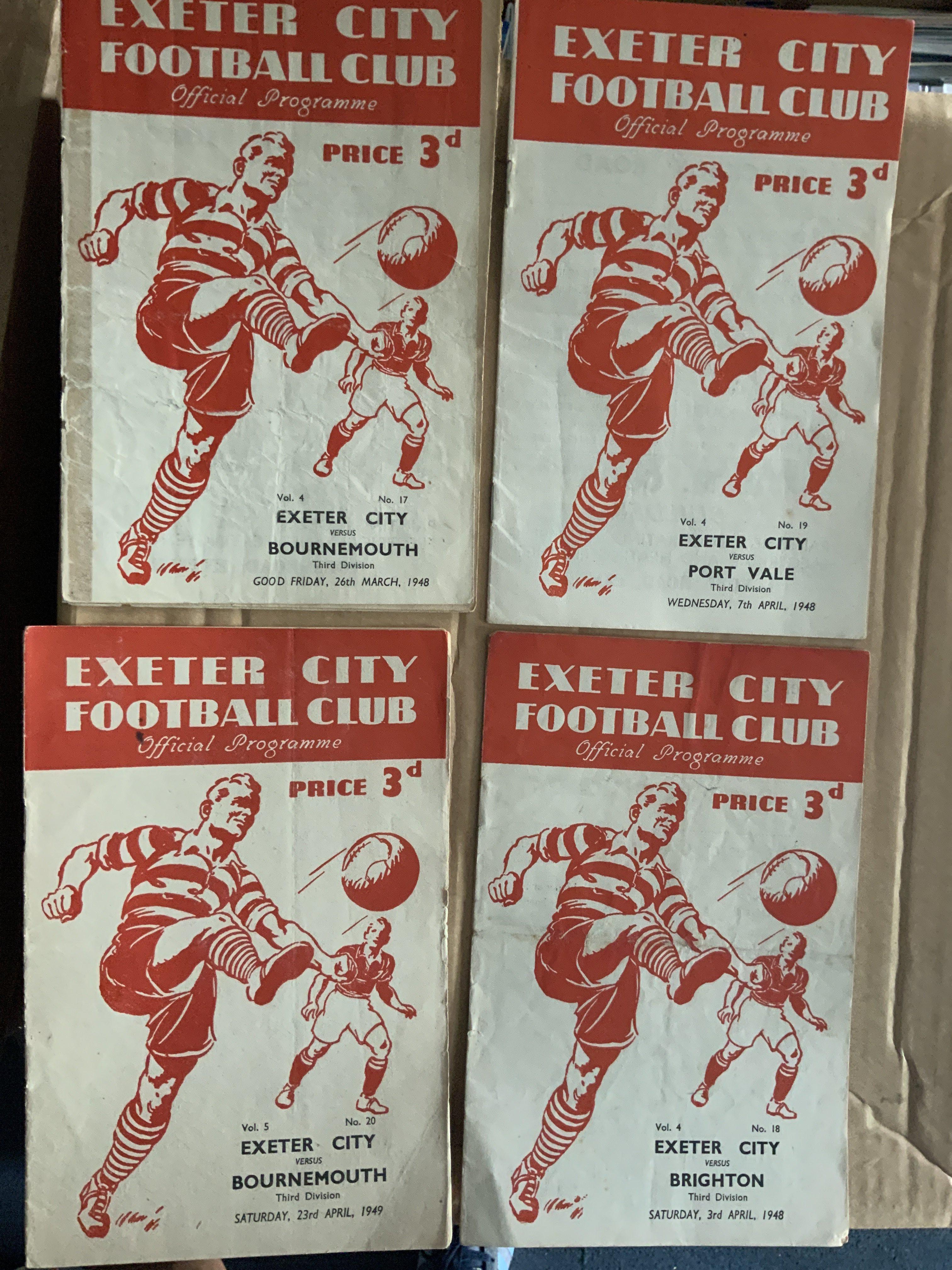 47/48 Exeter City Home Football Programmes: Bournemouth poor, Port Vale Brighton plus 48/49 Bournemouth. Good unless stated. (4)