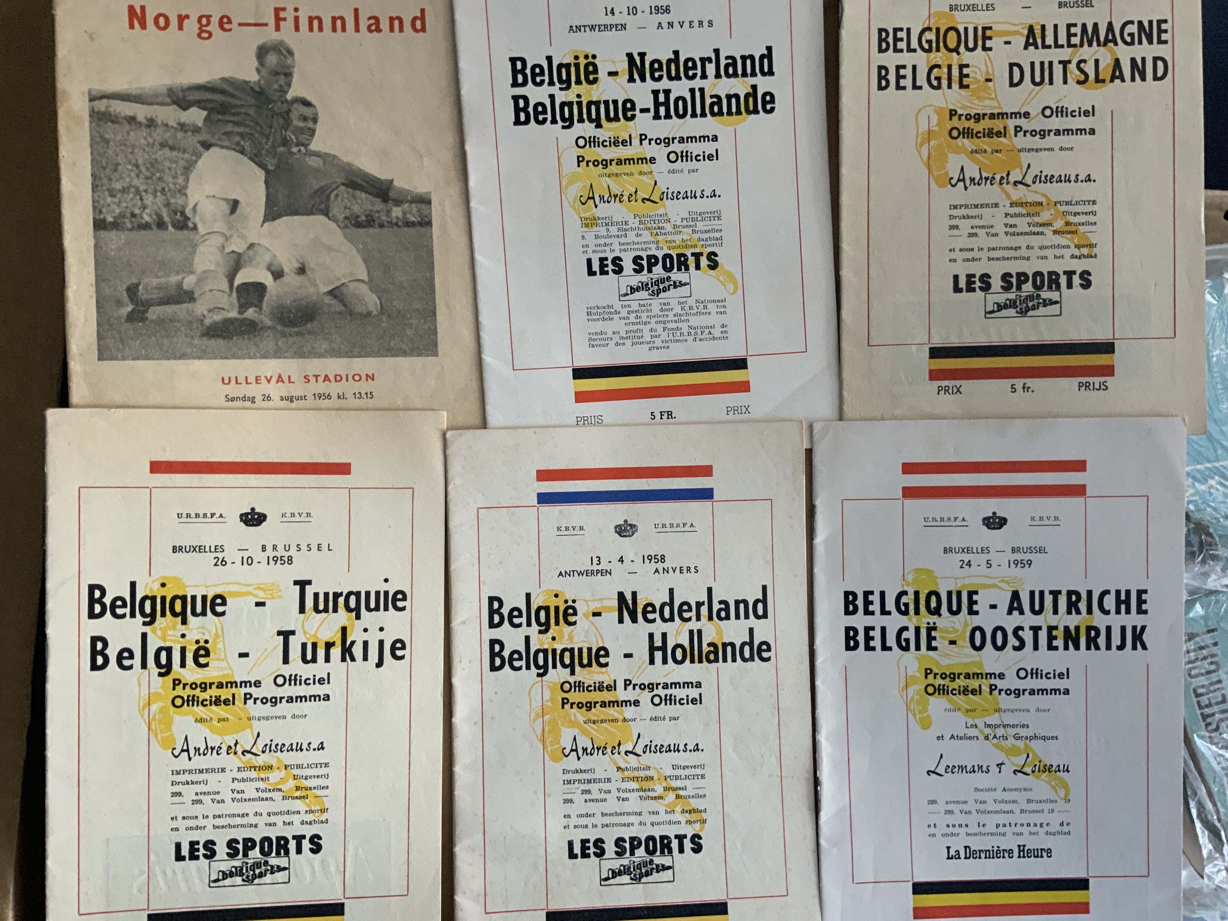 Belgium 1950s Home Football Programmes: 1956 Holland, 1958 Germany Turkey Holland, 1959 Austria. C/W 1956 Norway v Finland. Very good. (6)