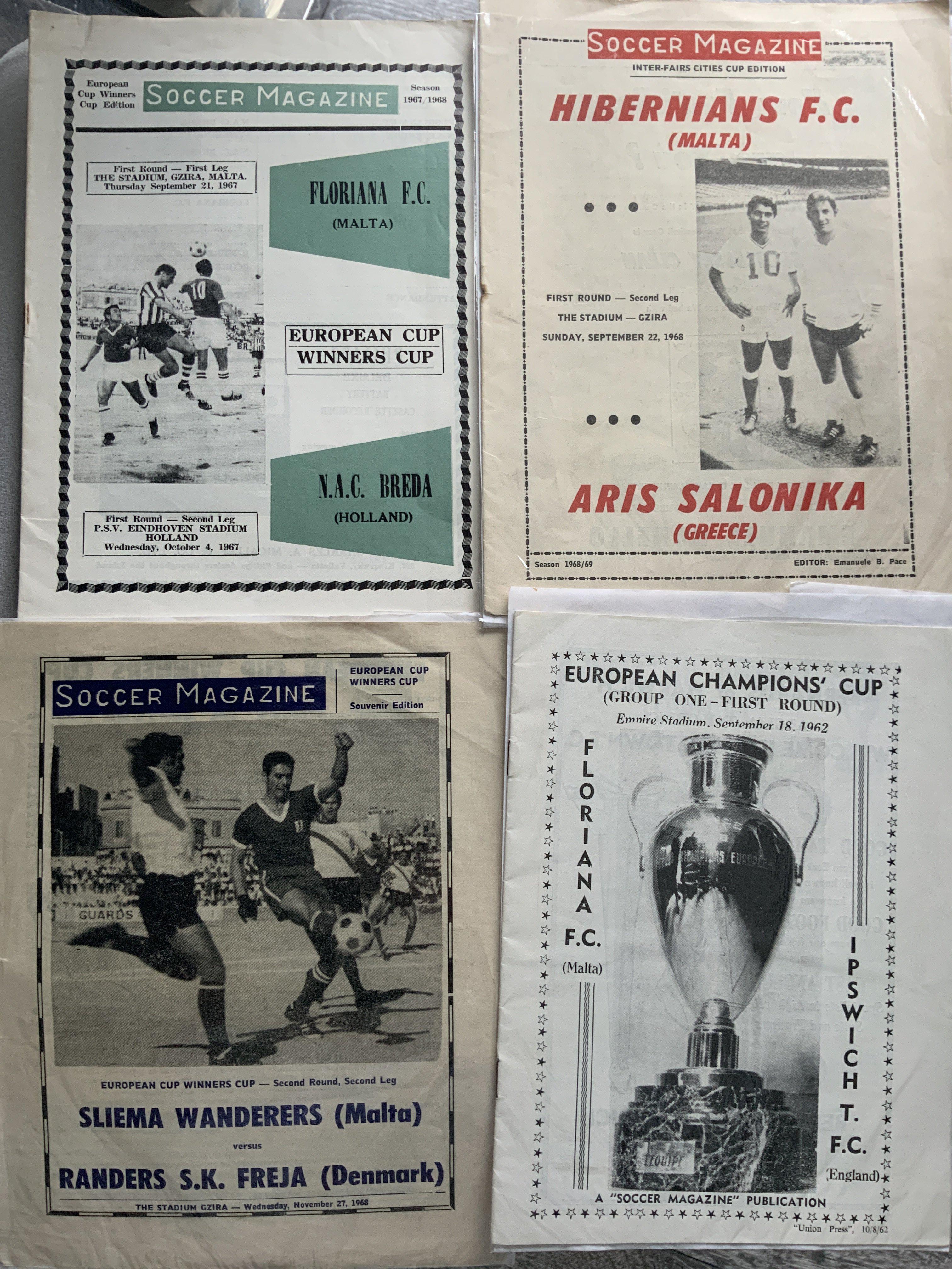 Maltese Clubs European Home Football Programmes: Floriana v 62/63 Ipswich, 67/68 Breda, 68/69 Reipas Lahden, Sliema v 68/69 Randers Freja, Hibernians v 68/69 Aris Salonika, Valletta v 63/64 Dukla, 64/65 Zaragoza, 74/75 Helsingin. Good. (8)